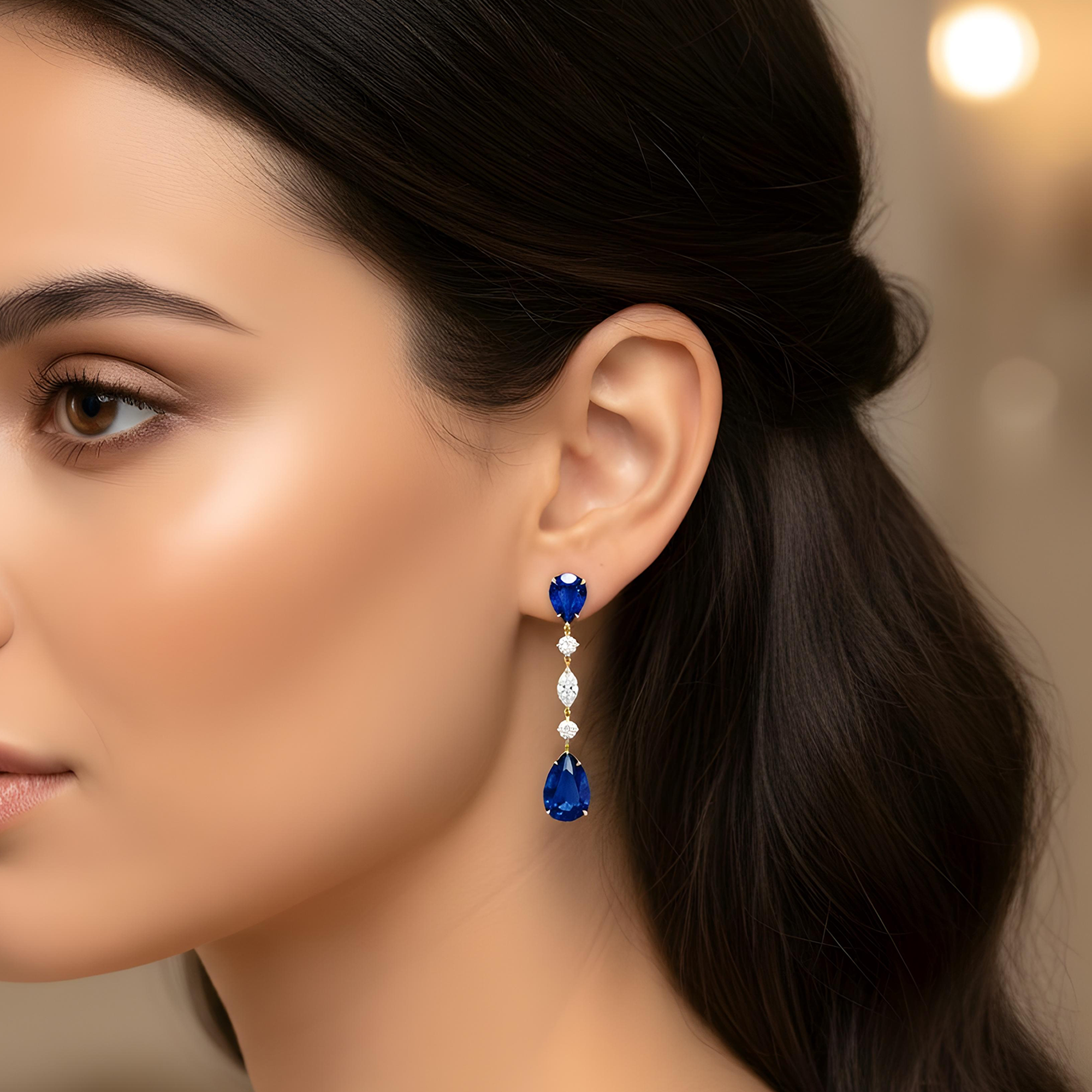 White Gold Pear Cut Sapphire & Multi Cut Diamond Drop Earrings 24.98ctw