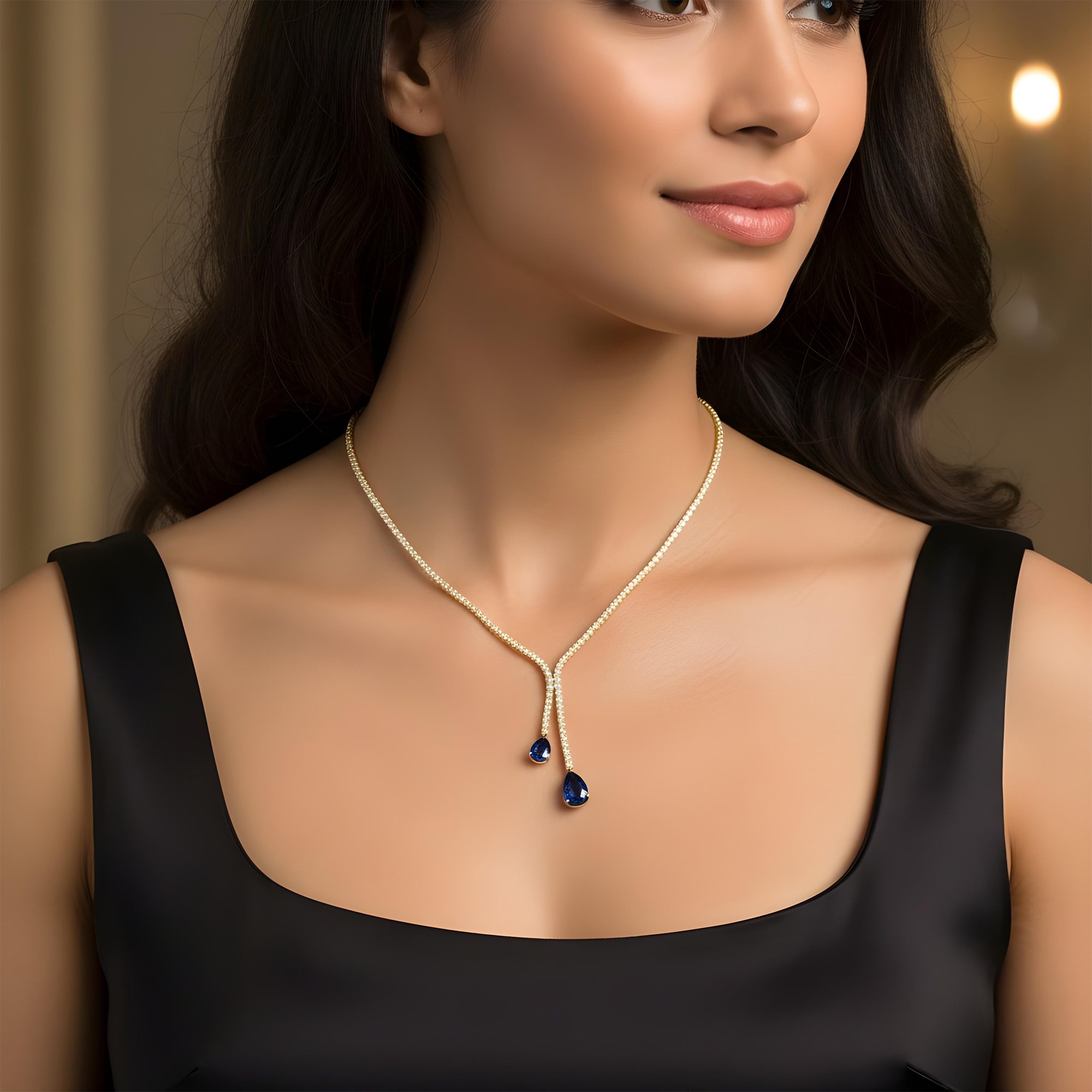 White Gold Round Cut Diamond & Pear Cut Sapphire Drop Necklace 25.87ctw
