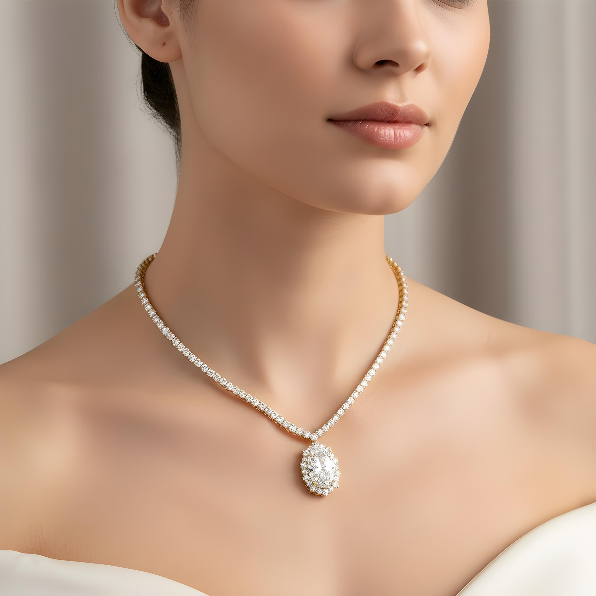 IGI 18K White Gold Oval Cut Diamond Necklace 19.8ct