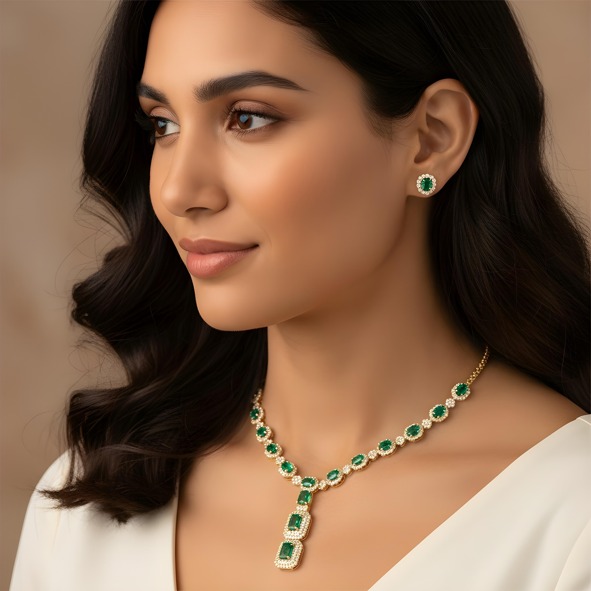 White Gold Multi Cut Emerald & Round Diamond Drop Necklace 22.88ct
