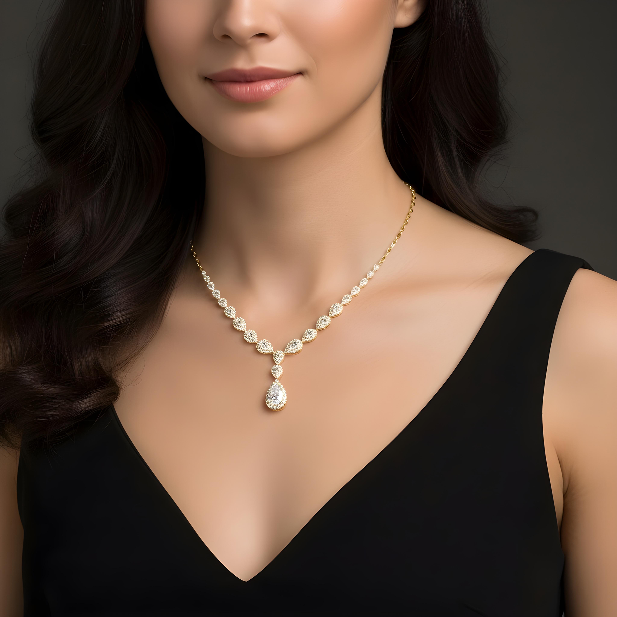 IGI 18K White Gold Round & Pear Cut Diamond Drop Necklace 12.34ct