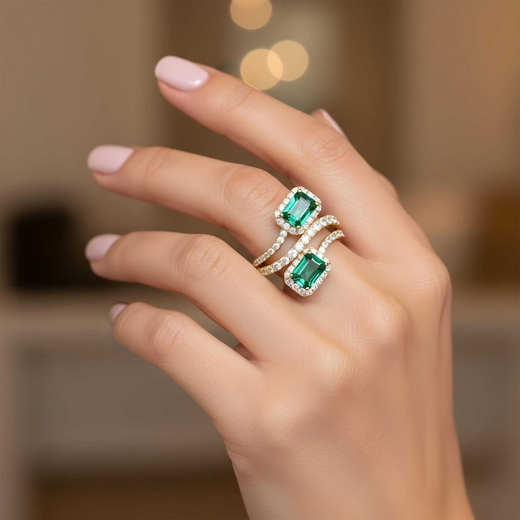 White Gold Emerald Cut Emerald & Round Diamond Wrap Ring 3.31ct