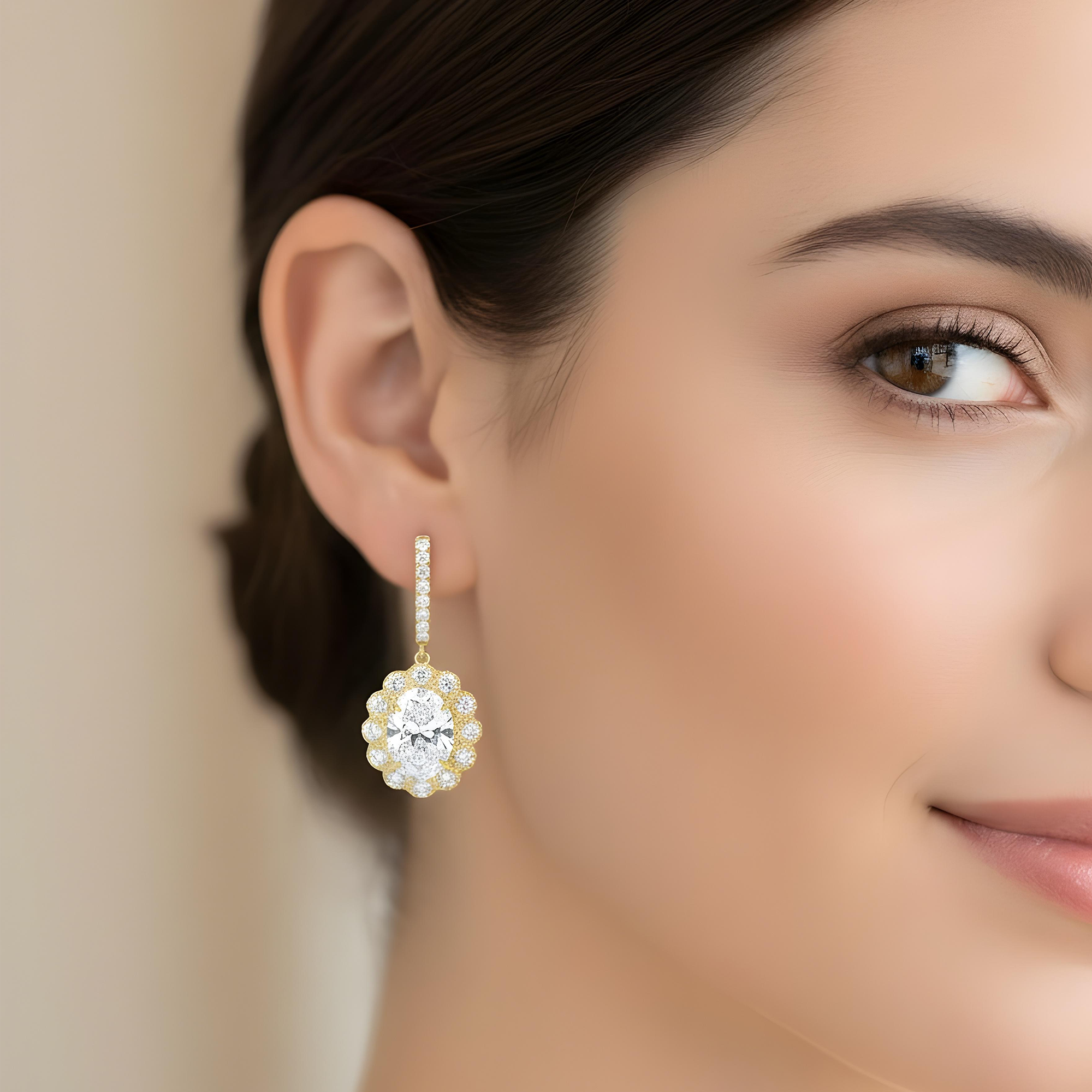 18k White Gold Oval Cut Diamond Drop Earrings W/ Round Diamond Halo 8.27ctw