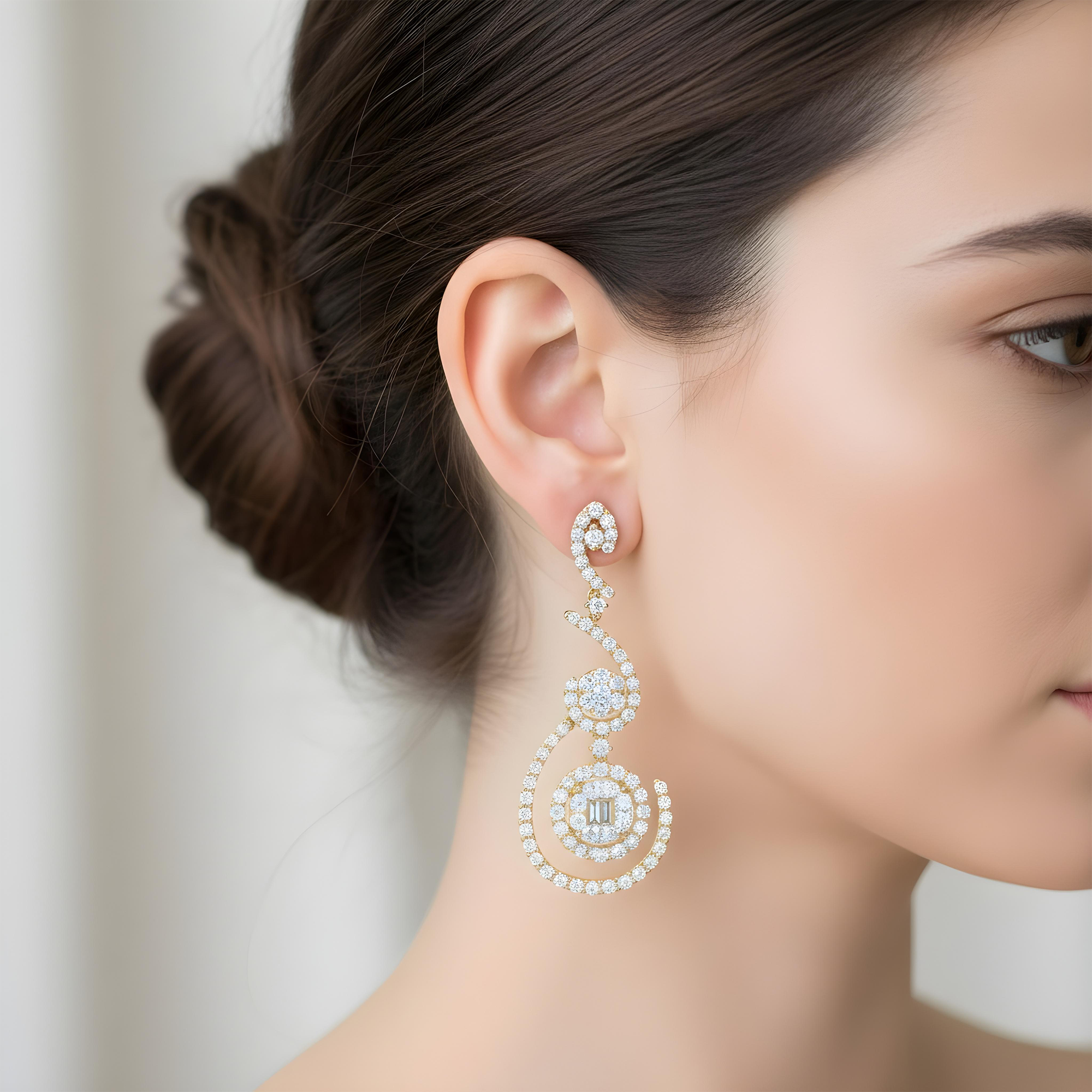 18K White Gold Artistic Round & Baguette Diamond Drop Earrings 5.13ctw