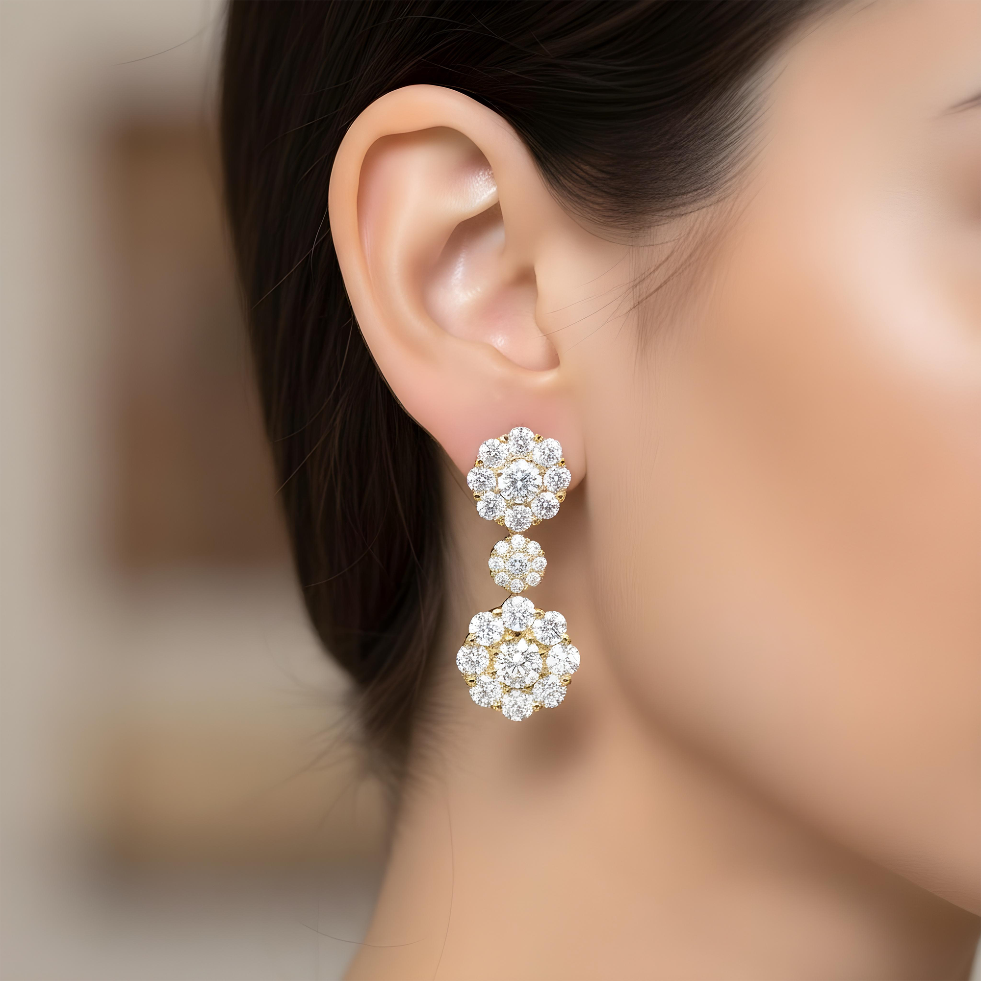 18K White Gold Three Tier Round Diamond Flower Drop Earrings 4.12ctw