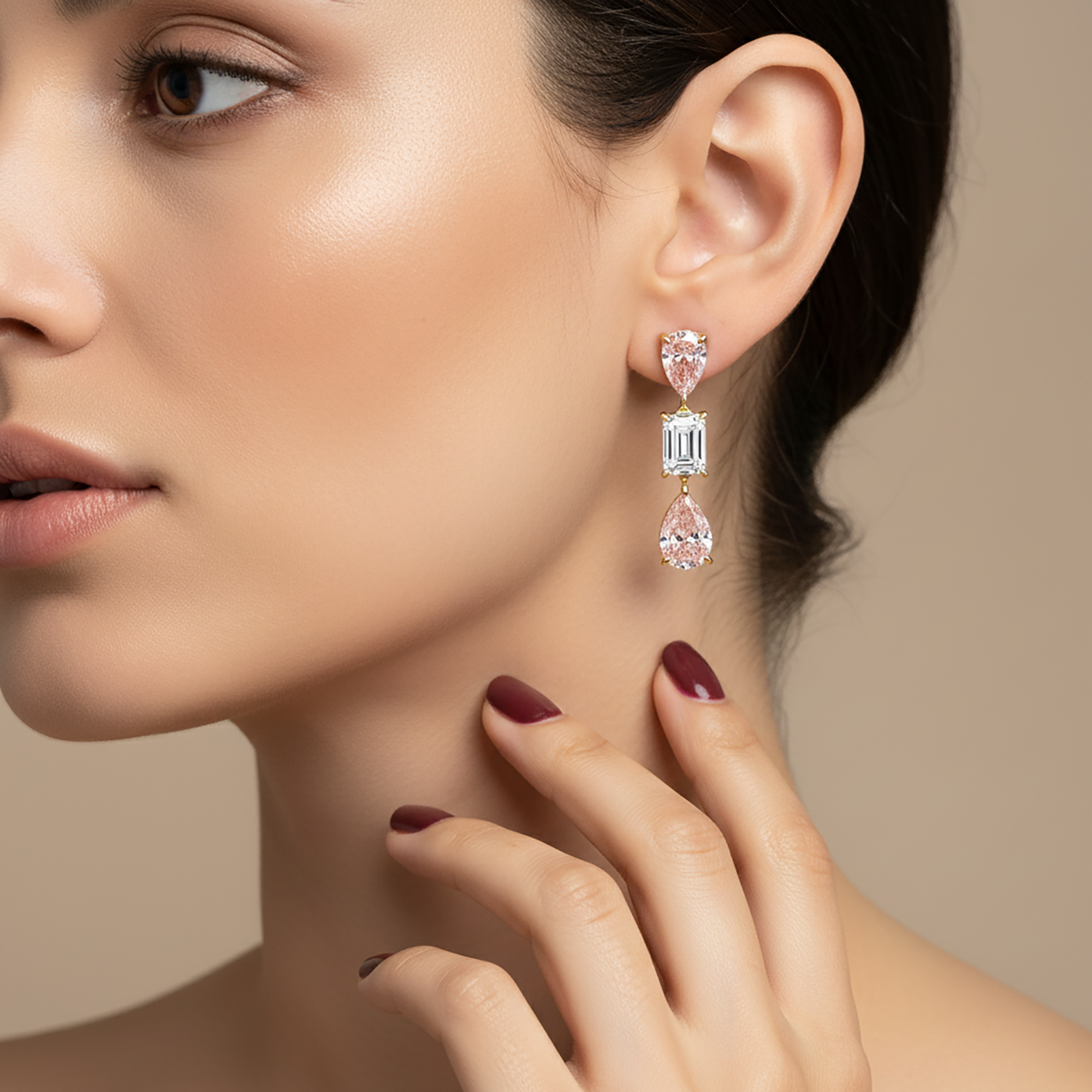 14K White Gold Three Tier Fancy Pink & White Diamond Drop Earrings 4.78ctw