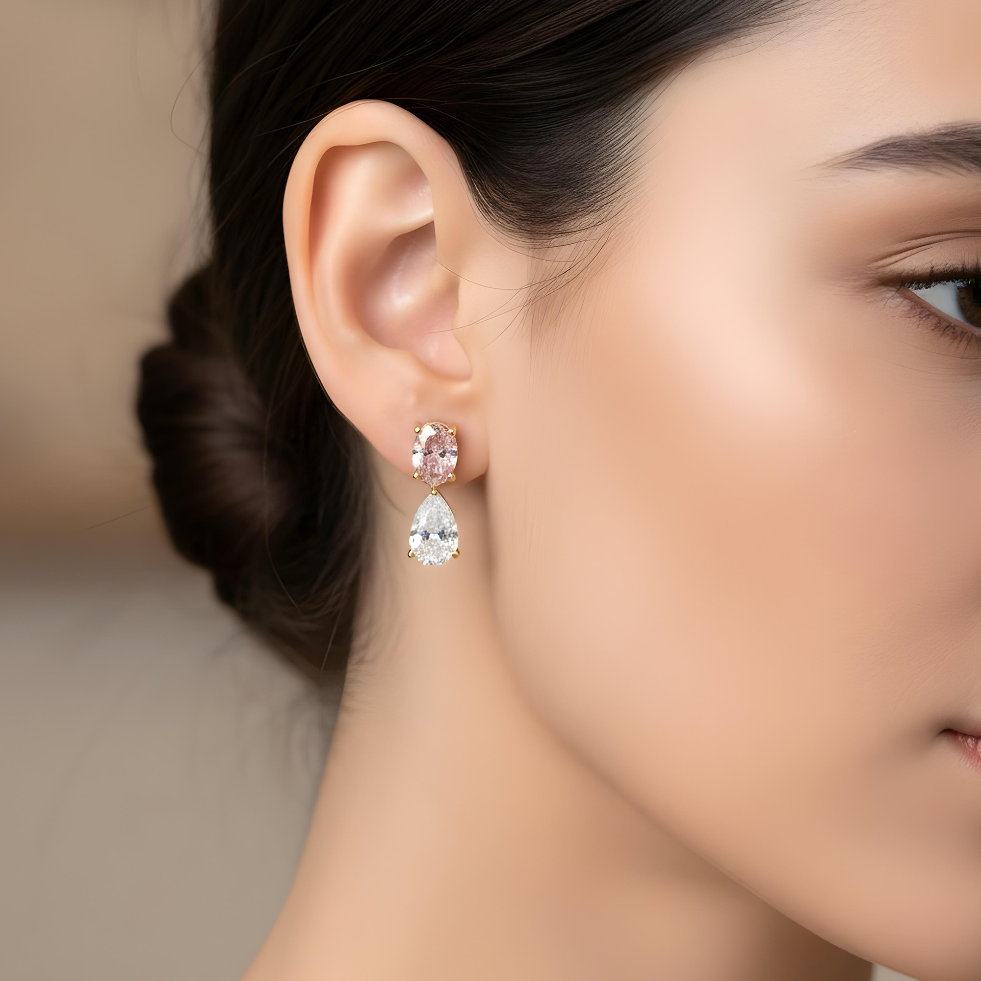 18K White Gold Pear & Oval Cut Pink Vivid Diamond Drop Earrings 4.69ctw