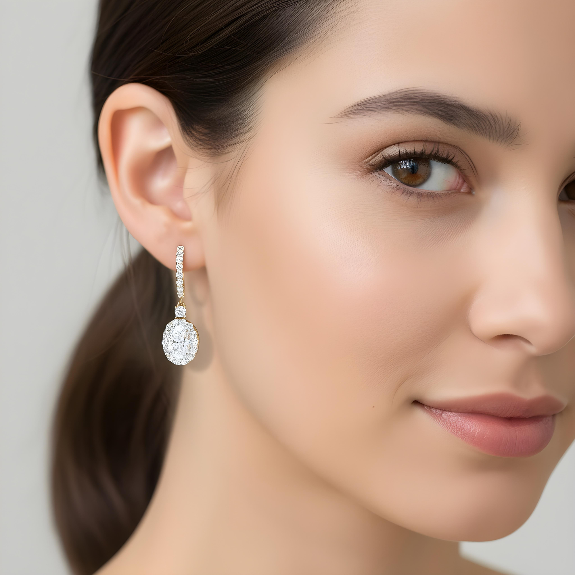 18K White Gold Oval Cut Diamond Drop Earring W/ Round Diamond Halo 5.14ctw