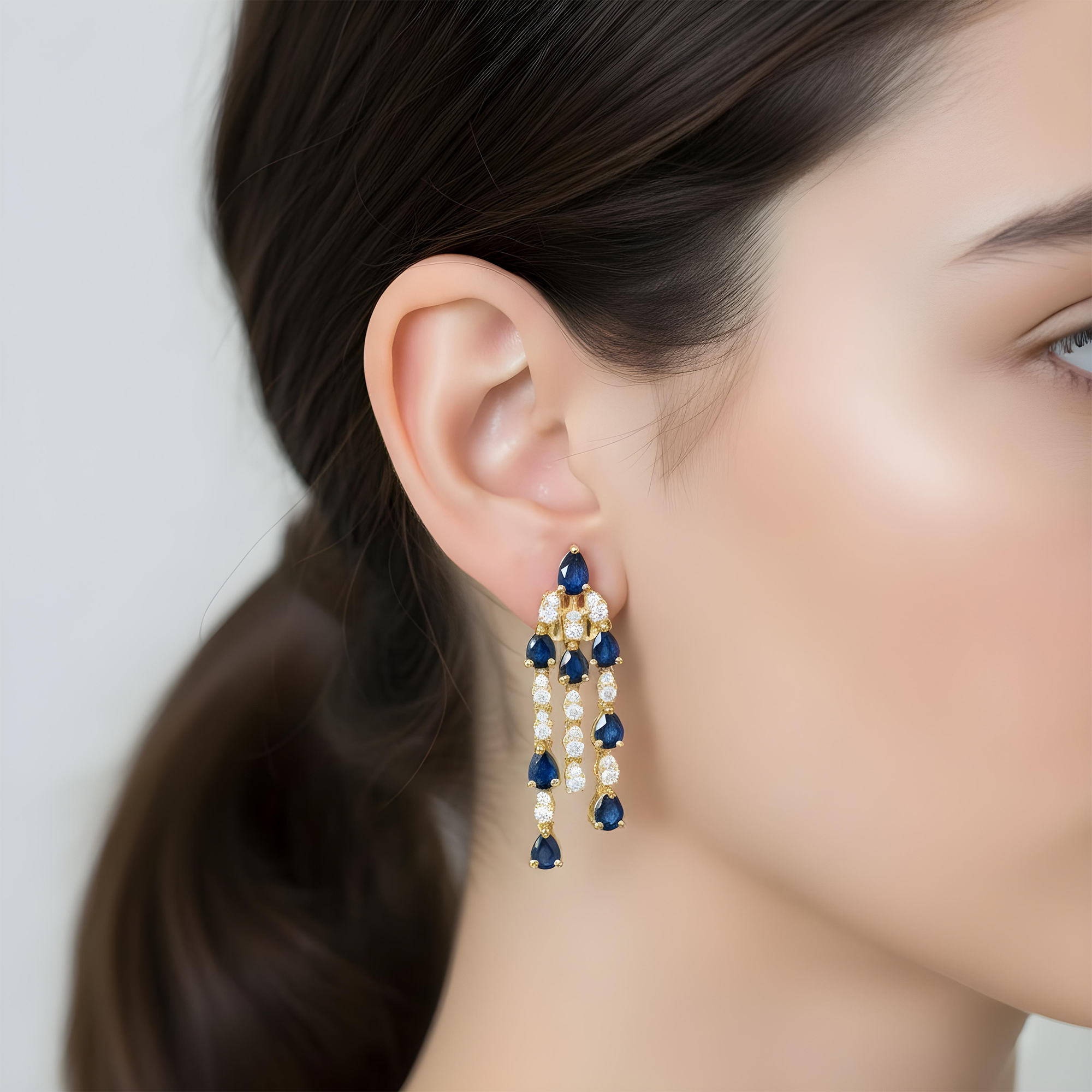 14K White Gold Three Tier Sapphire & Diamond Chandelier Drop Earrings 3.99ctw