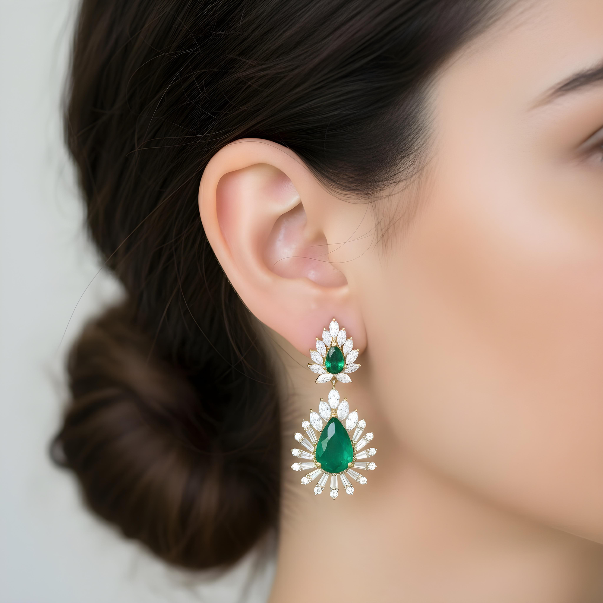 14K White Gold Emerald & Diamond Goddess Drop Earrings 7.41ctw