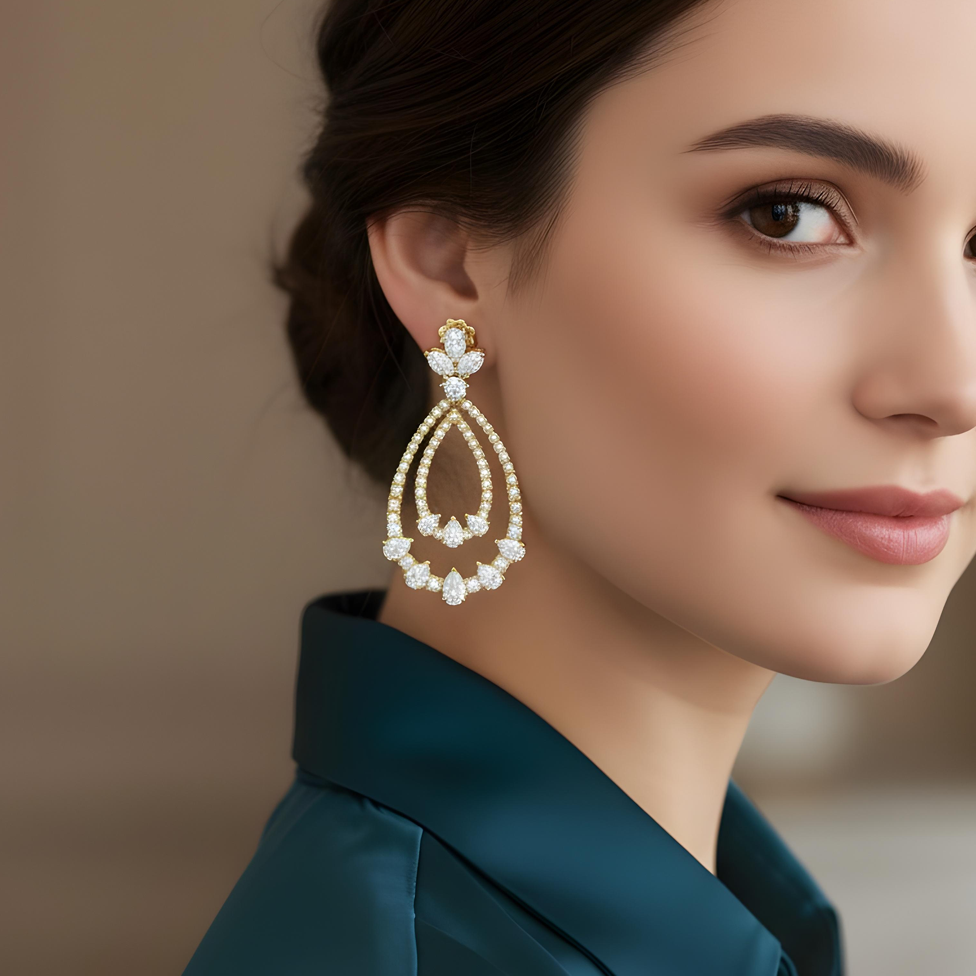 18K White Gold Double Teardrop Pear & Round Cut Diamond Earrings 10.26ctw