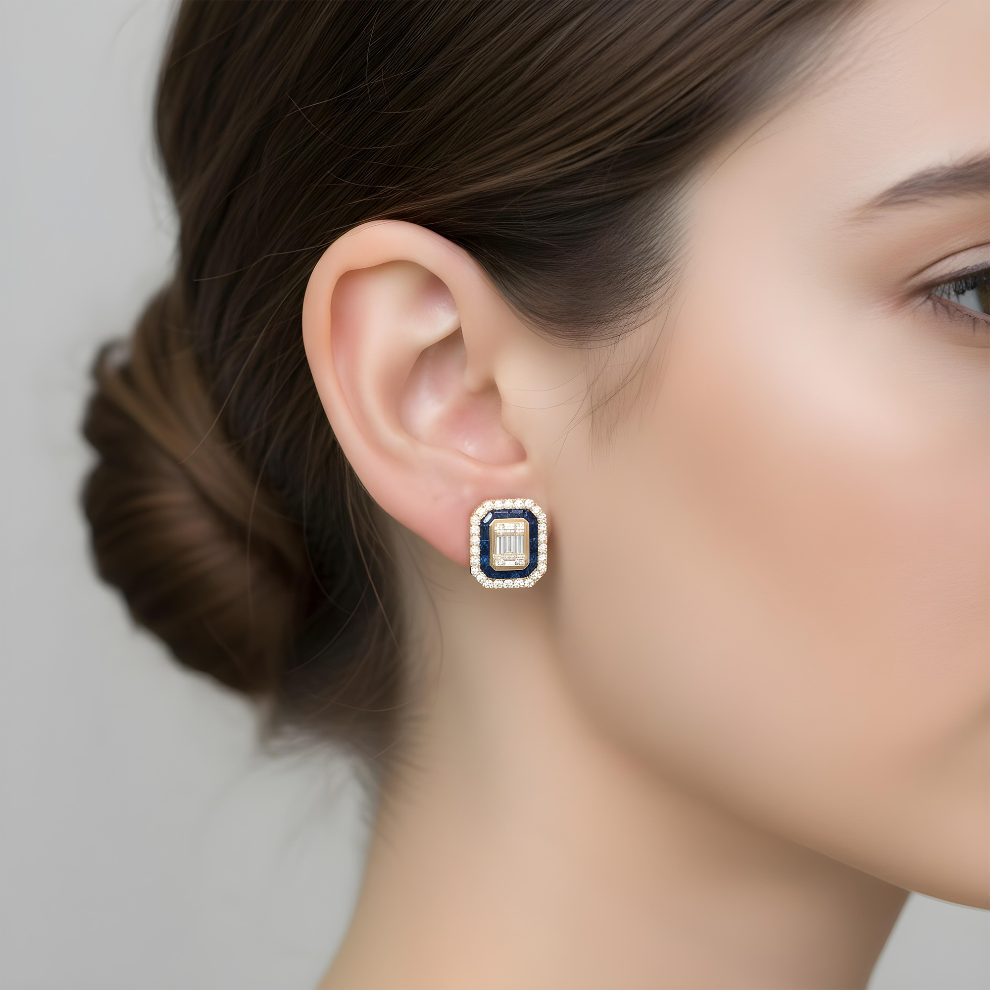 14K White Gold Sapphire & Diamond Square Stud Earrings