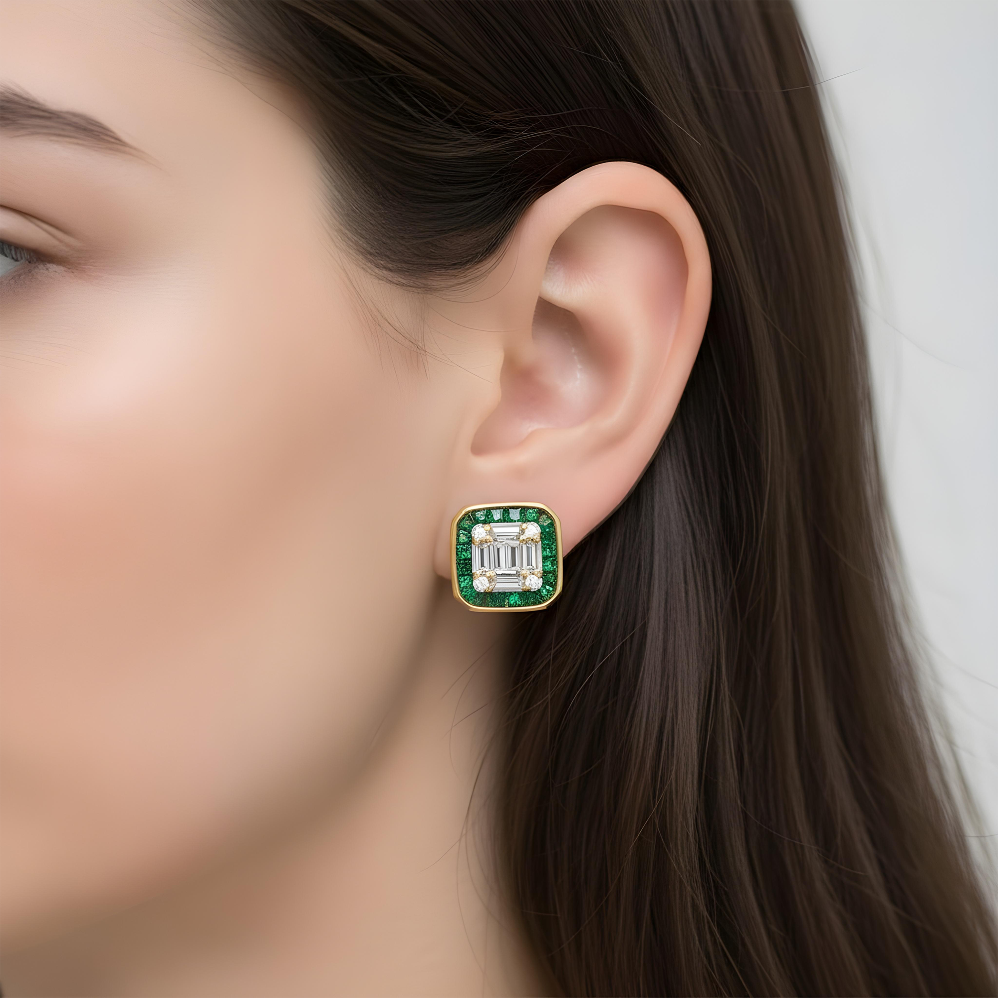 14K White Gold Emerald & Diamond Square Stud Earrings