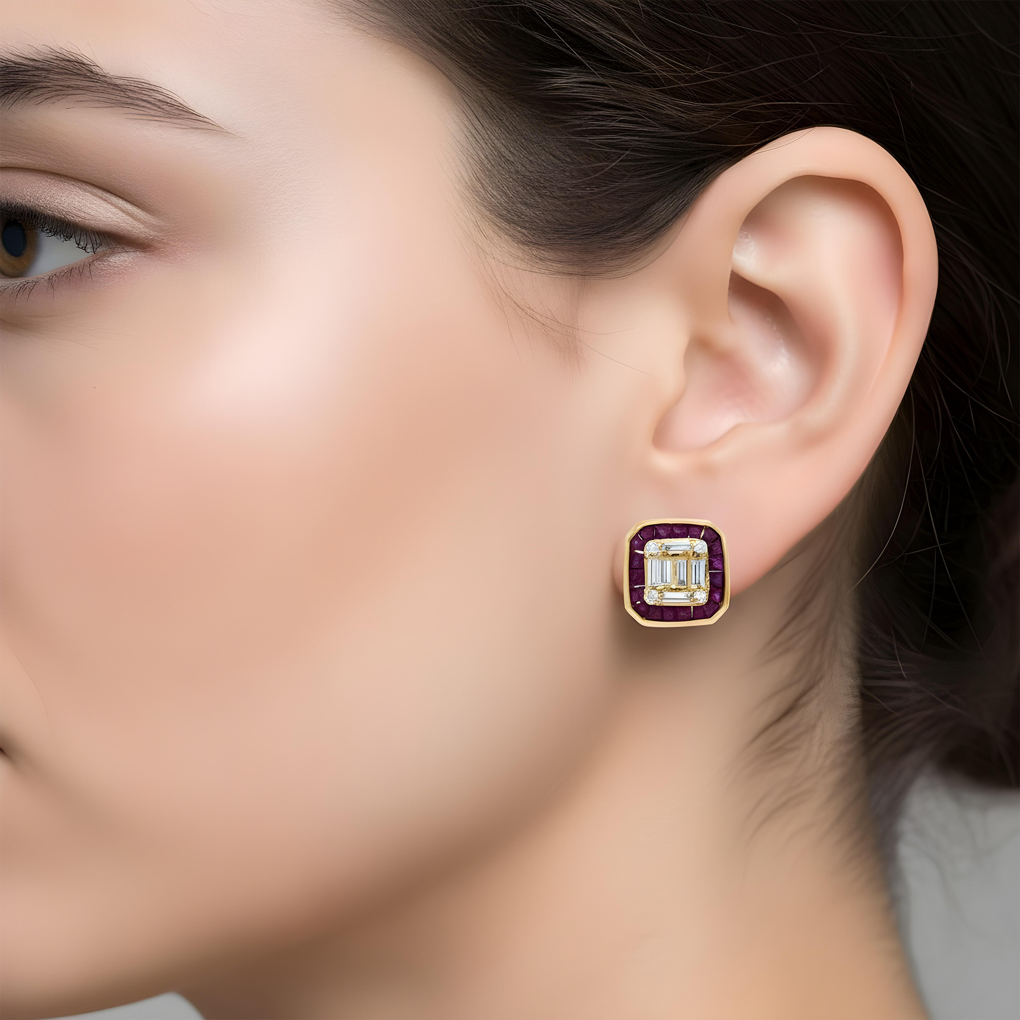 14K White Gold Ruby & Diamond Square Stud Earrings