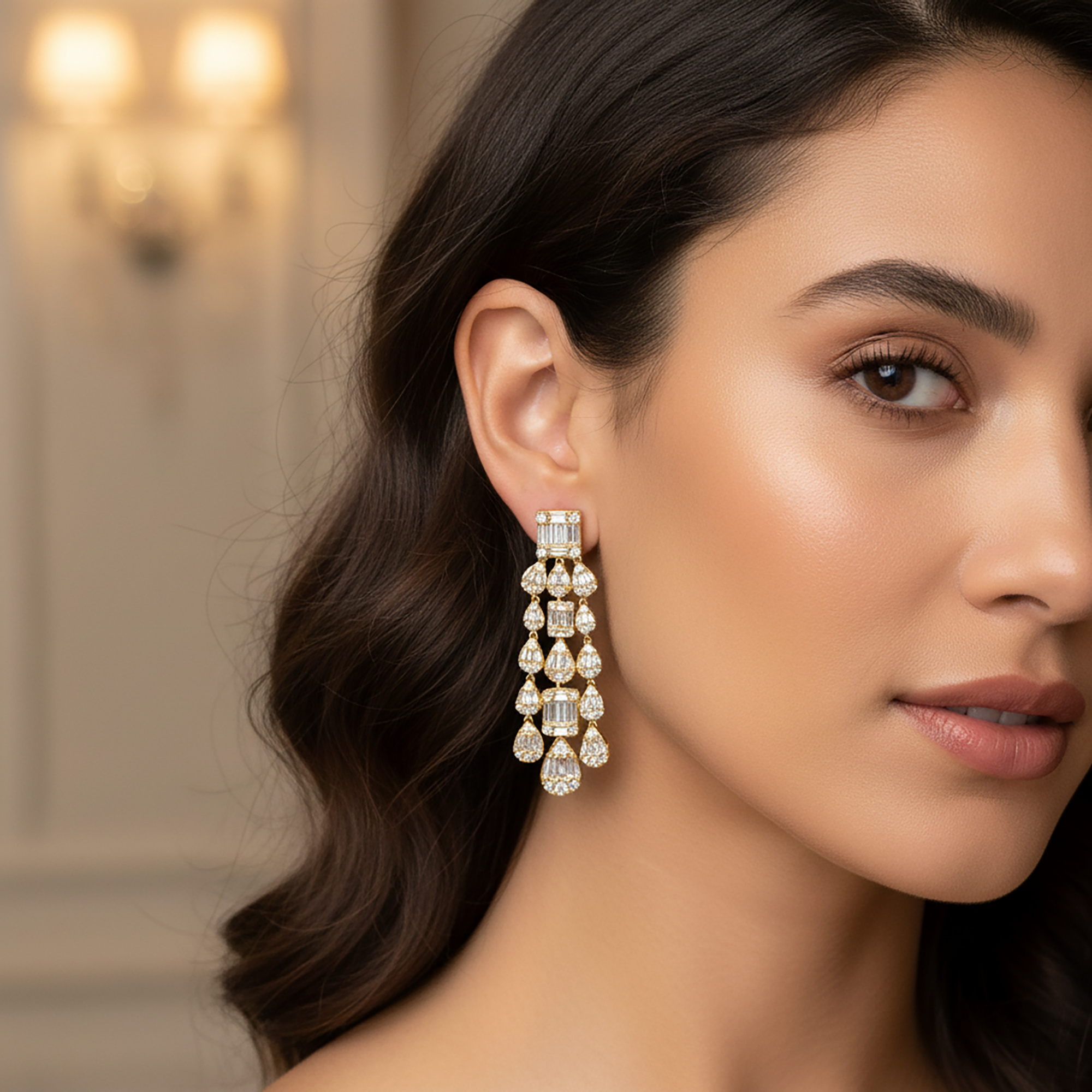 14K White Gold Triple Tier Baguette Diamond Drop Earrings 5.94ctw