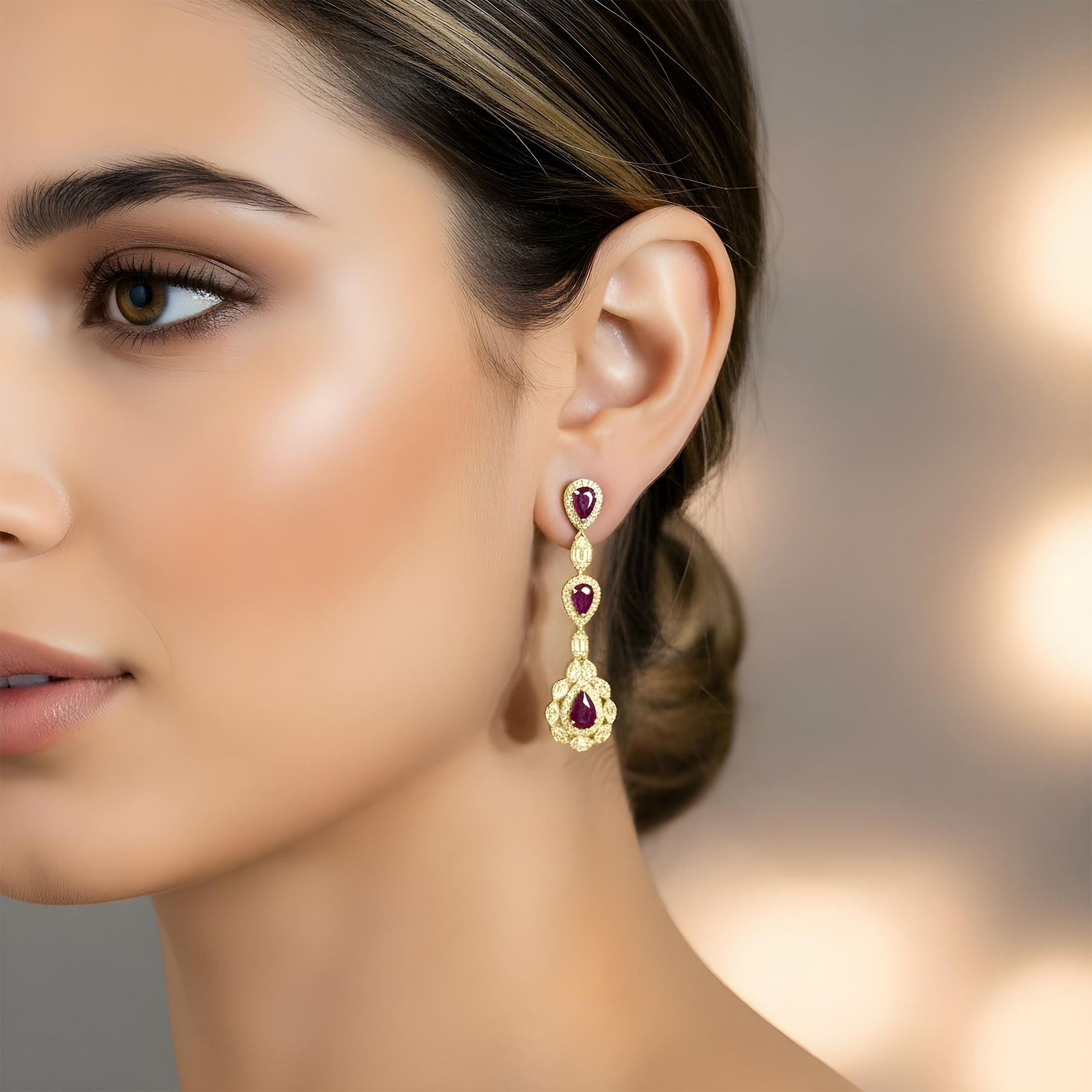 14K White Gold Ruby & Diamond Three Tier Drop Earrings