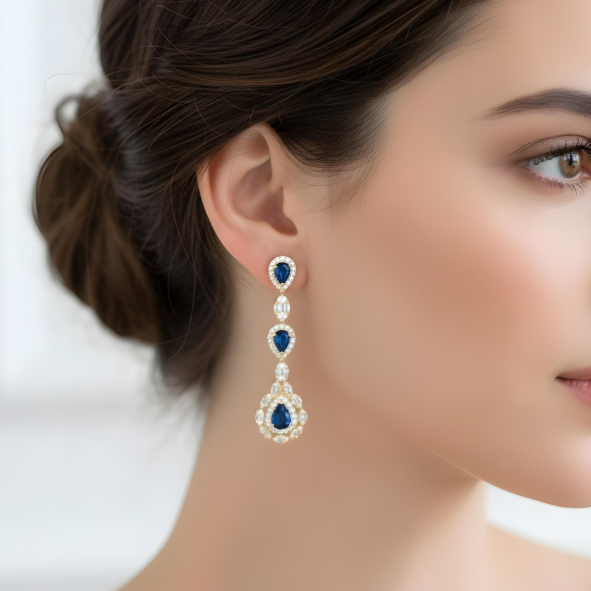 14K White Gold Pear Cut Sapphire & Diamond Drop Earrings