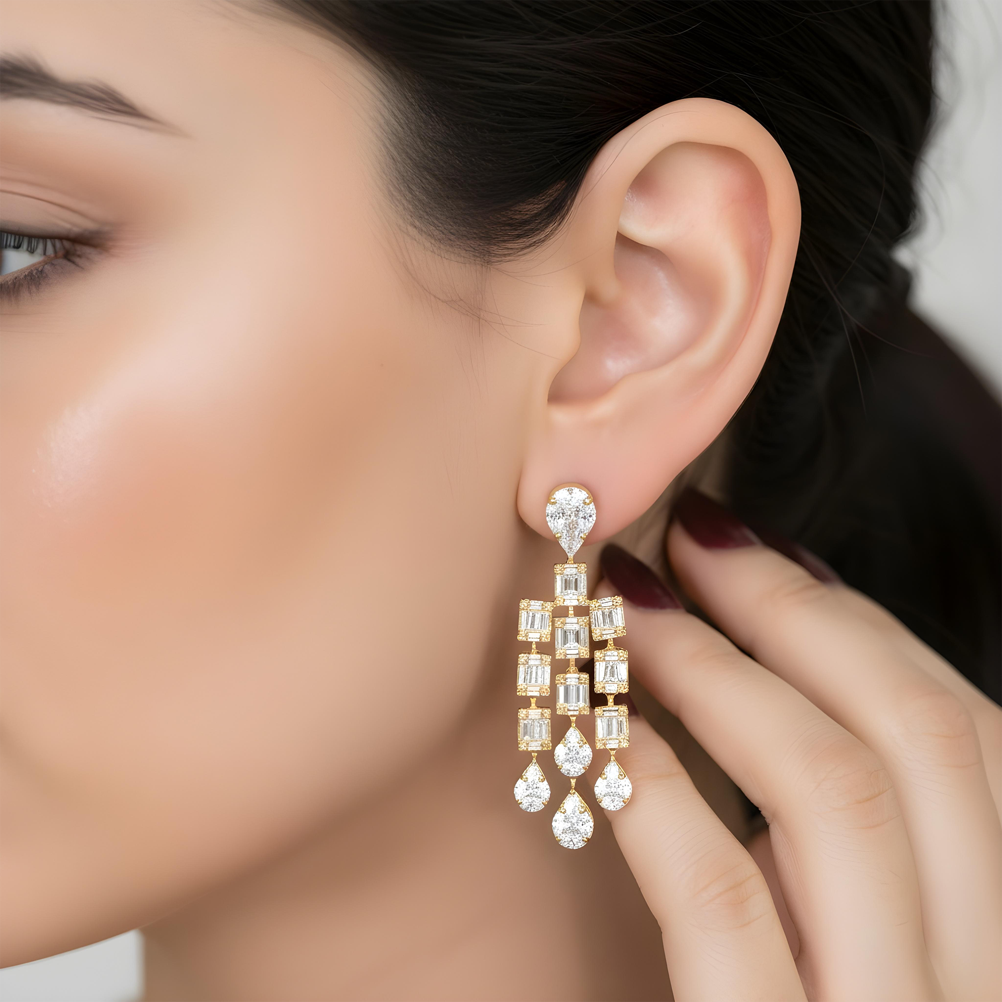 14K White Gold Triple Tier Baguette Diamond Drop Earrings 4.37ctw