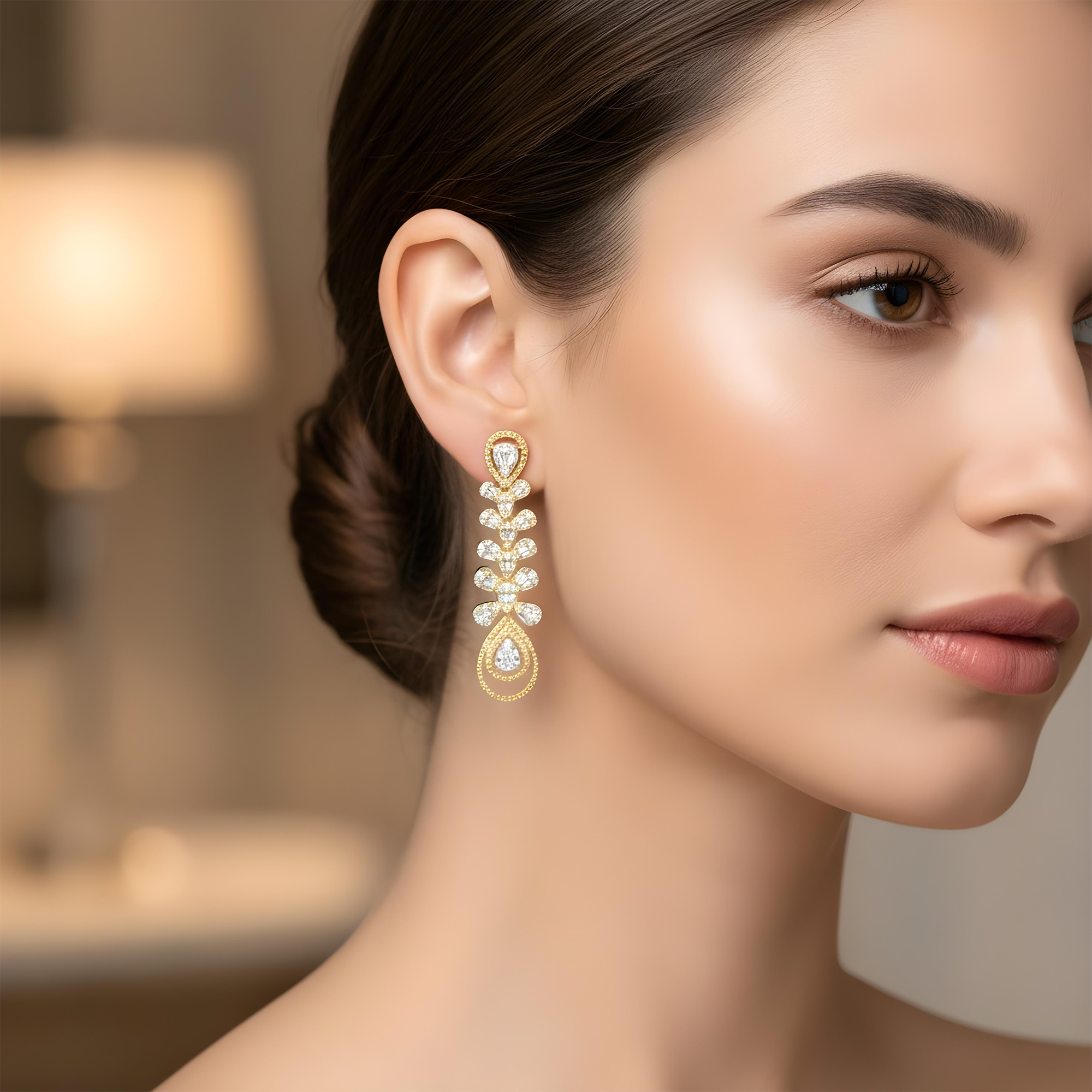14K White Gold Peacock Feather Diamond Drop Earrings 2.92ctw
