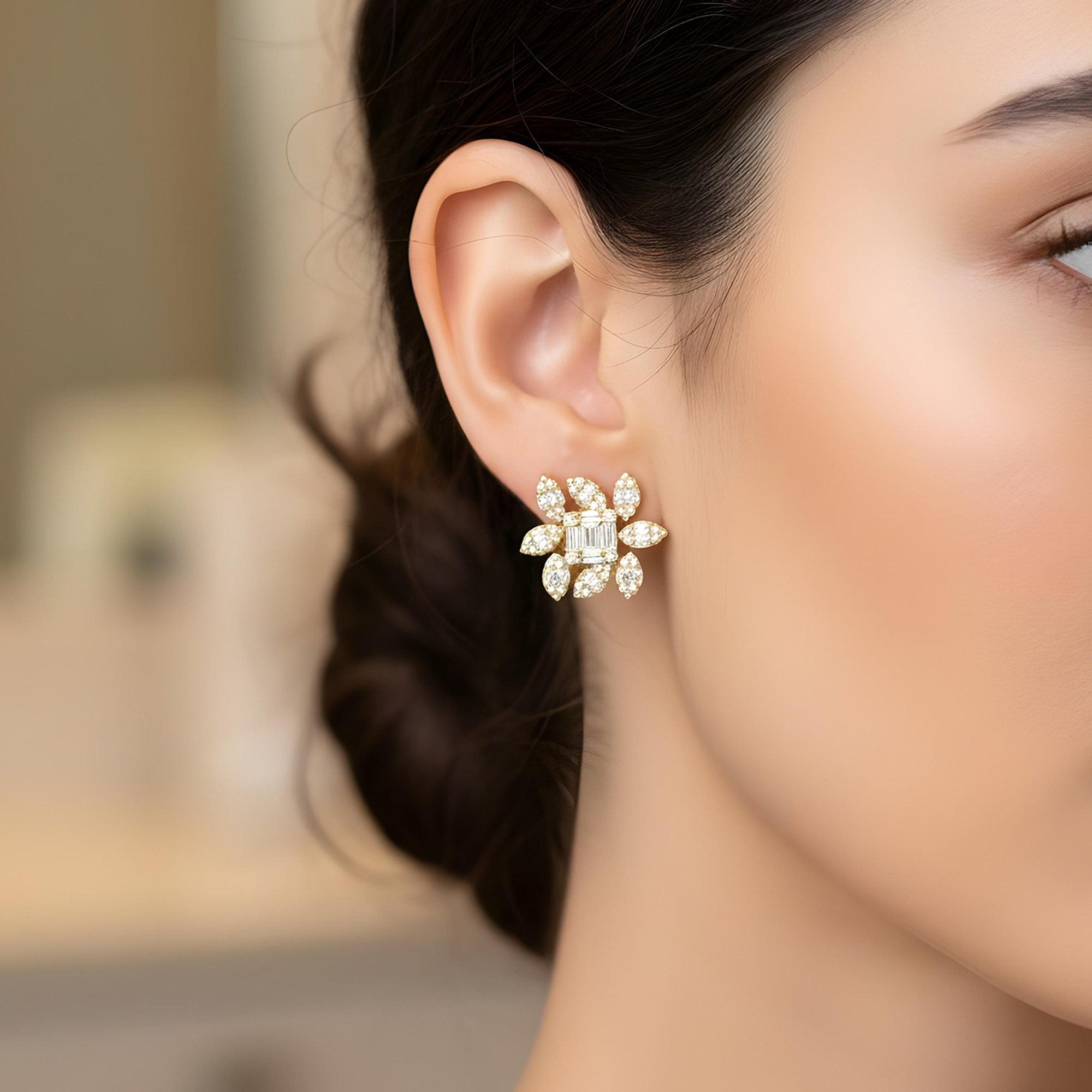 14K White Gold Baguette Diamond Flower Stud Earrings 3.35ctw