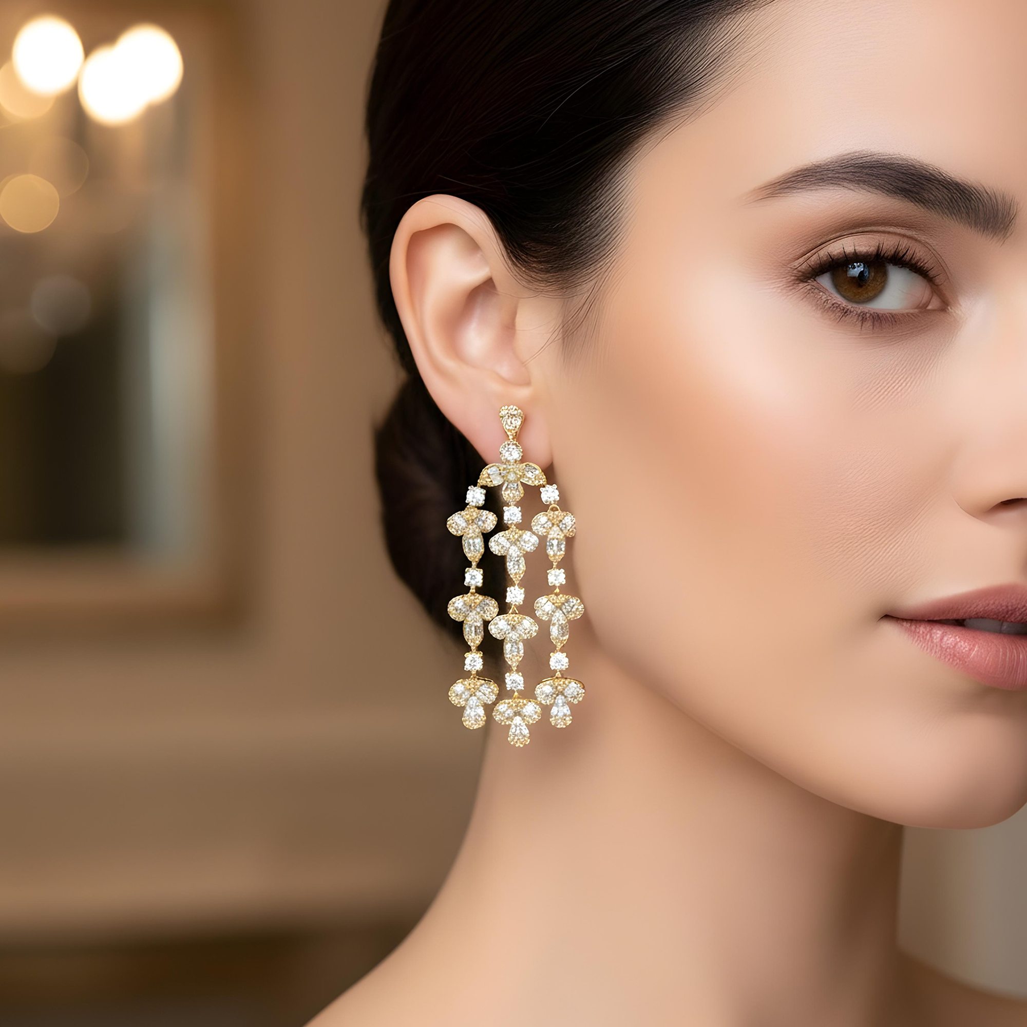 14K White Gold Triple Tier Baguette & Round Diamond Drop Earrings 3.88ctw