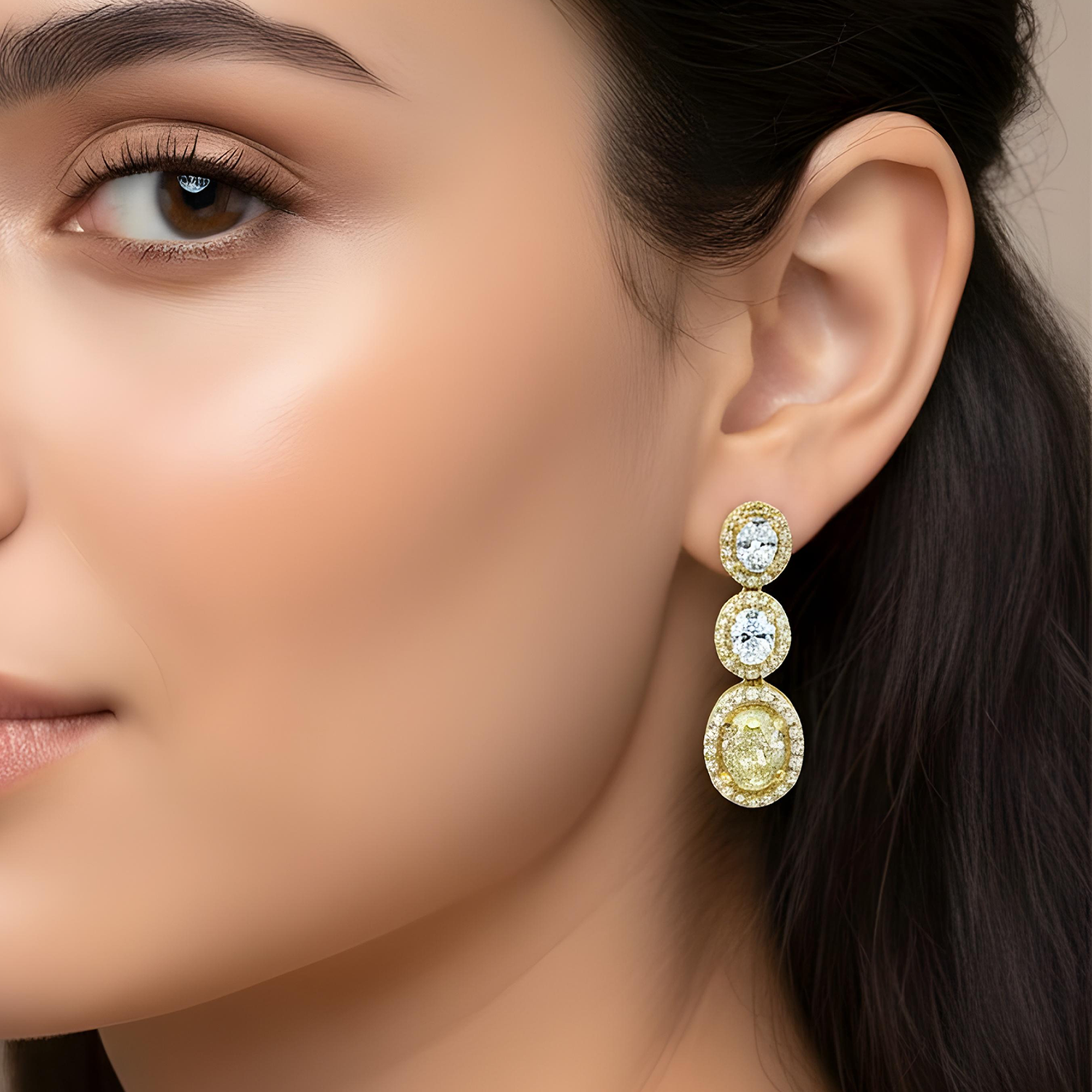 14K White Gold Fancy Yellow & White Oval Cut Diamond Drop Earrings 3.05ctw