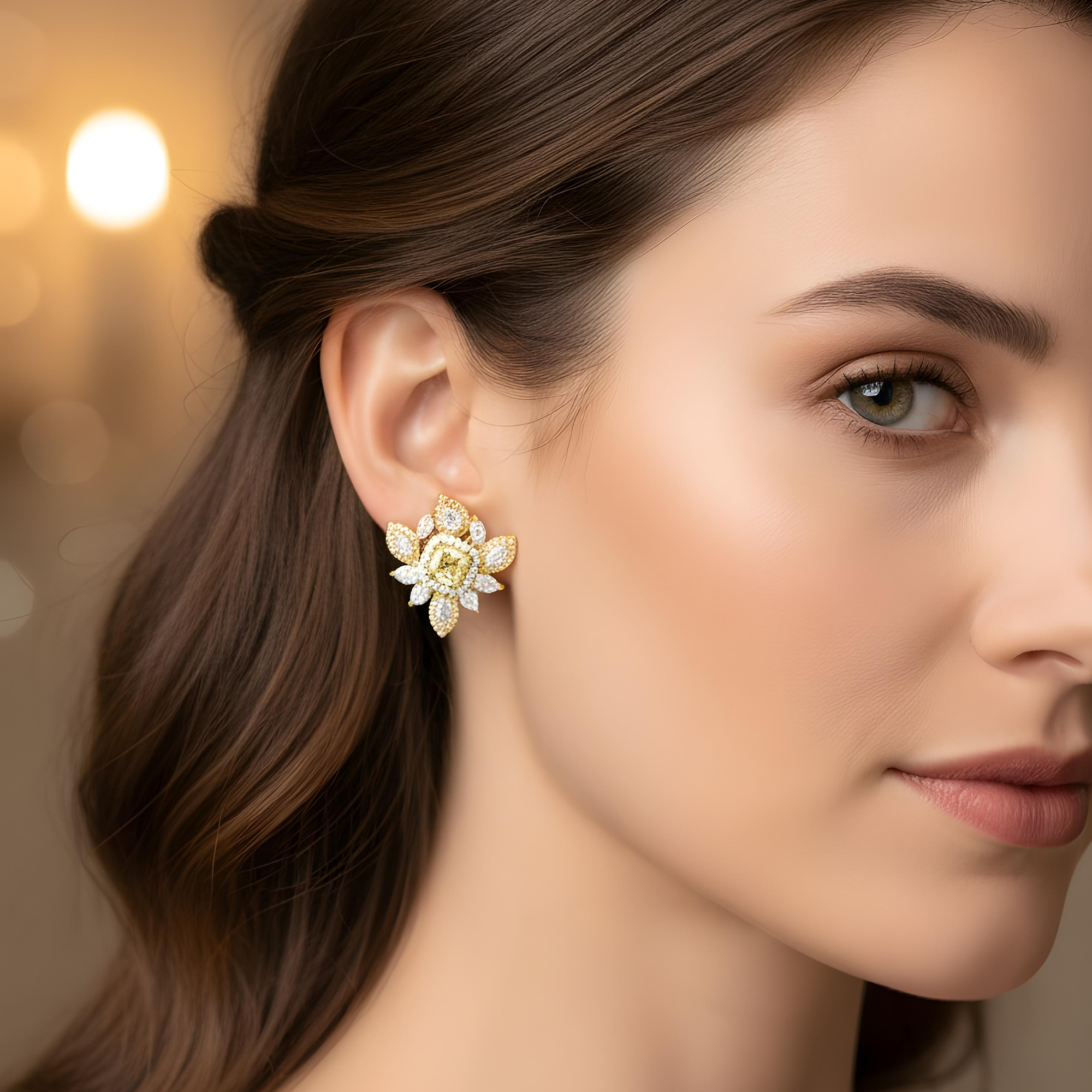 14K White Gold Canary Yellow Diamond Cluster Stud Earrings 5.16ctw
