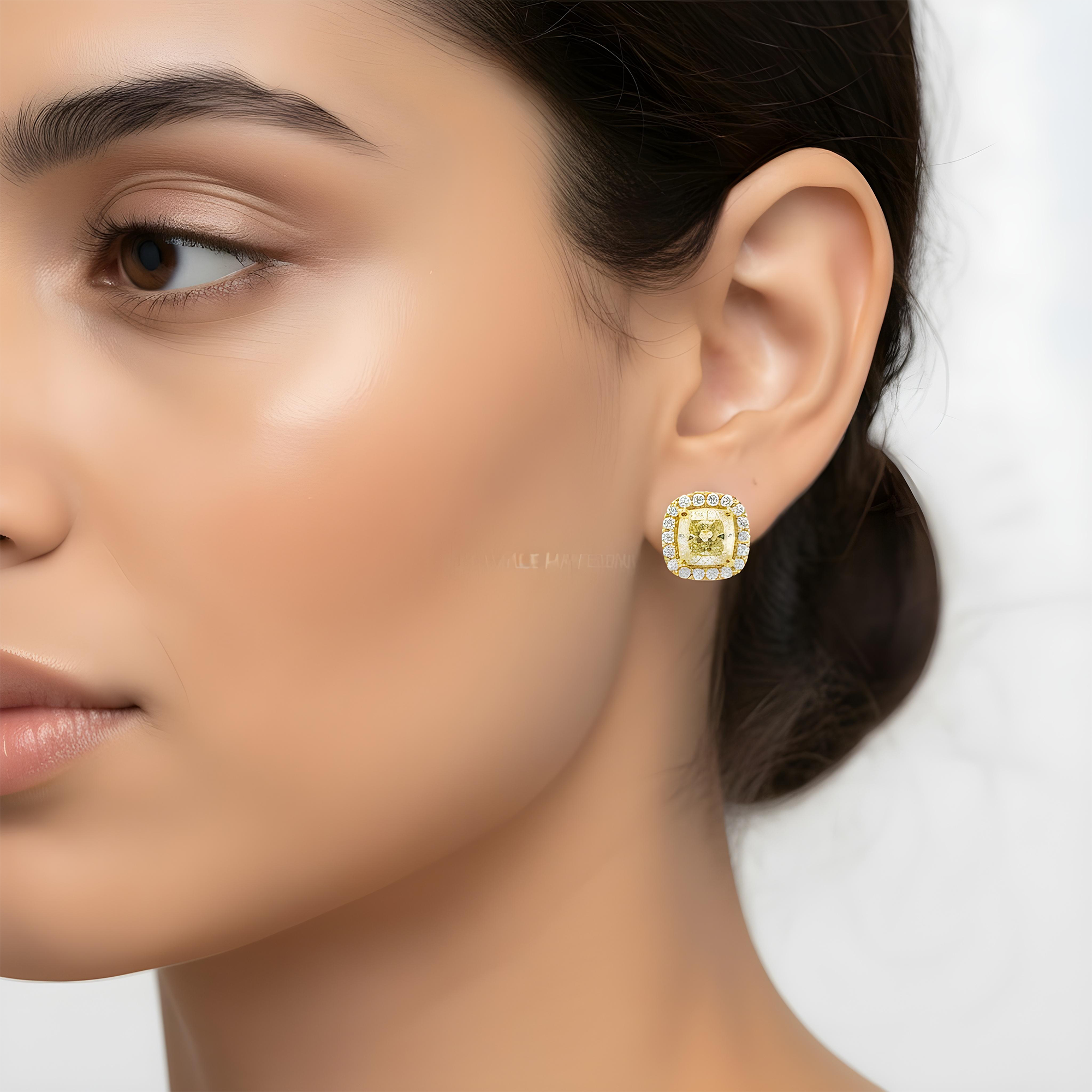 14K Two Tone Cushion Cut Fancy Yellow Diamond Stud Earrings 3.68ctw