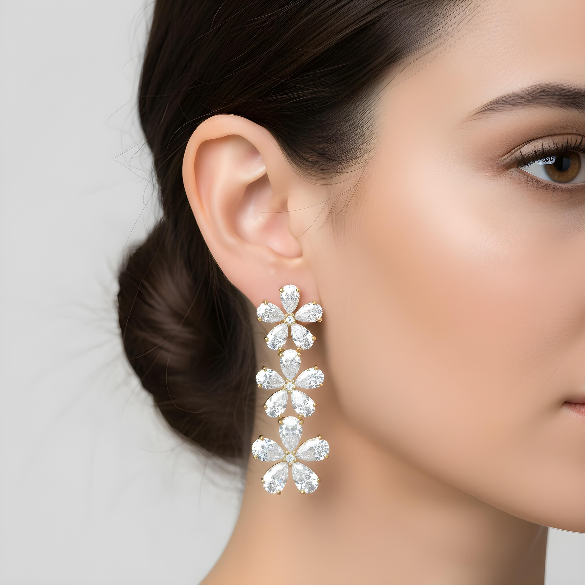 14K White Gold Pear Cut Diamond Flower Drop Earrings 12.79ct