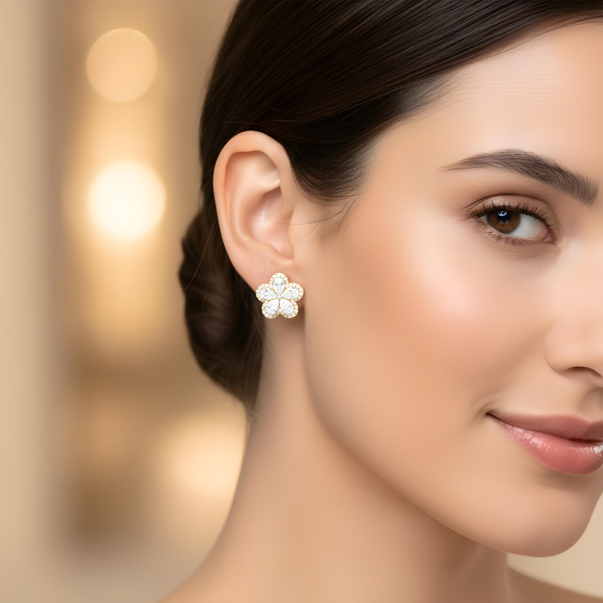 14K White Gold Pear Cut Diamond Flower Stud Earrings 2.81ctw