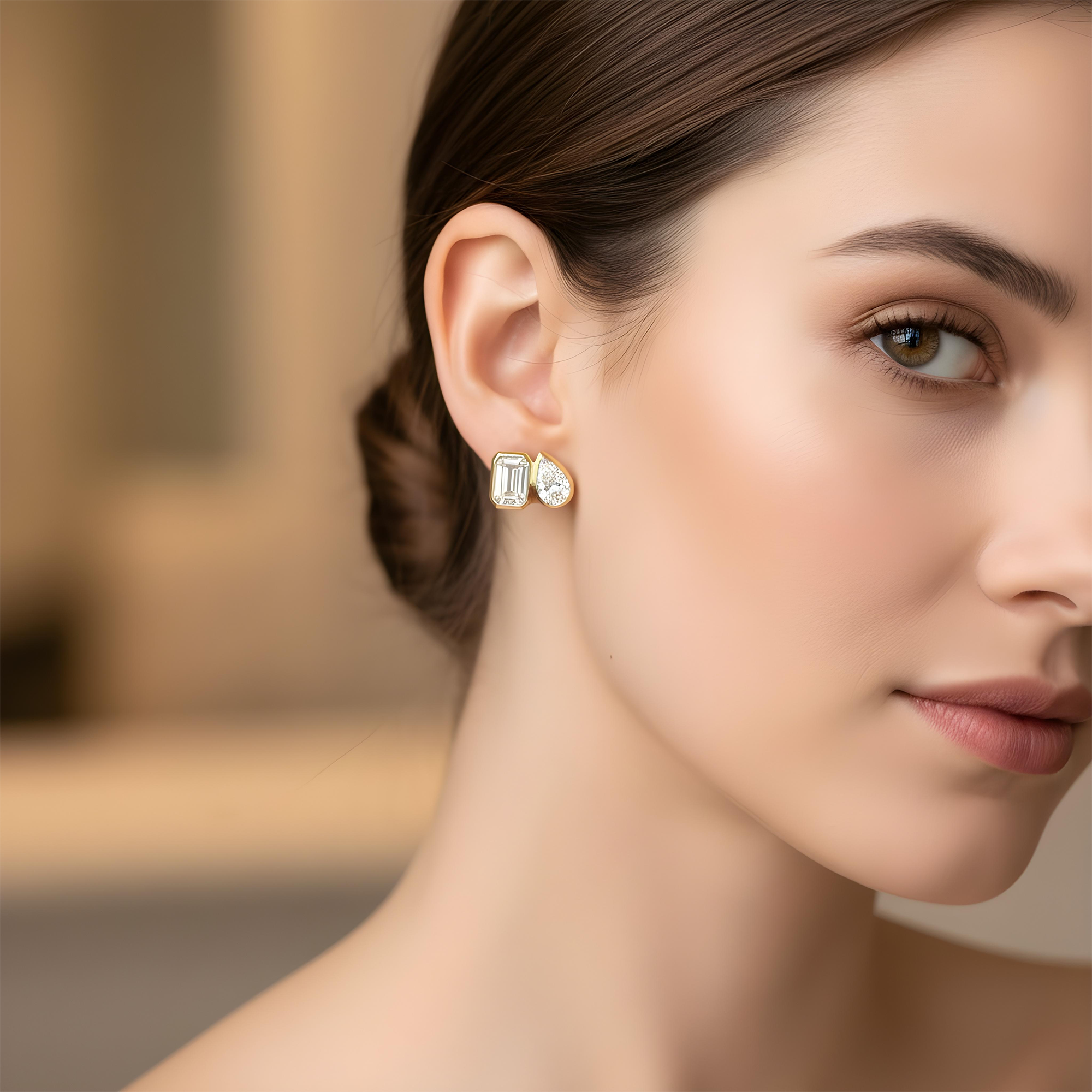 14K White Gold Toi et Moi Pear & Emerald Double Diamond Stud Earrings 3.08ctw