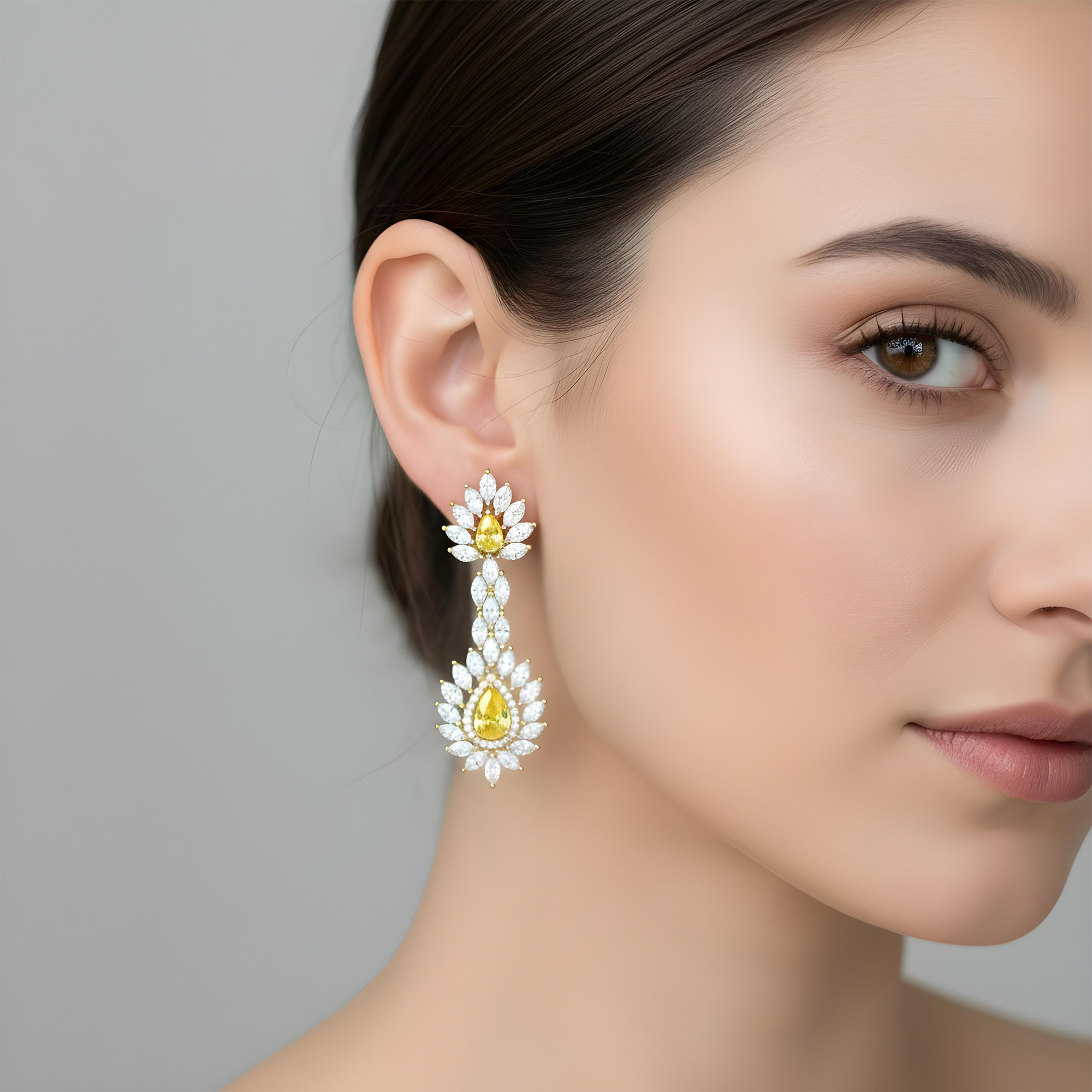 14K White Gold Multi Cut Fancy Yellow Drop Earrings 13.64ctw