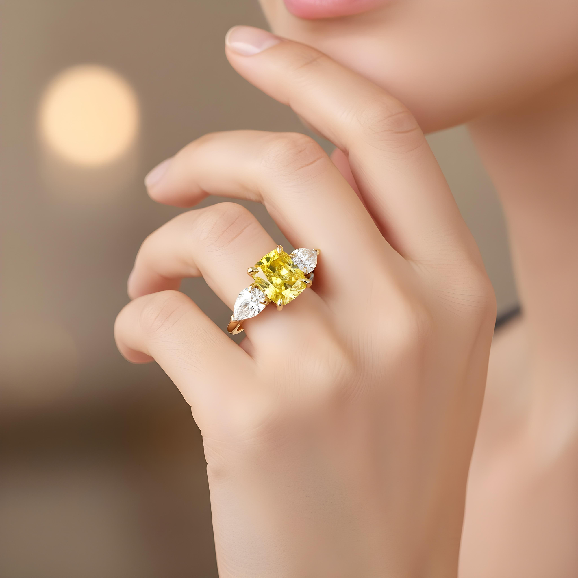 GIA Platinum 2.74ct Fancy Vivid Yellow Cushion Triple Diamond Ring 3.74ctw