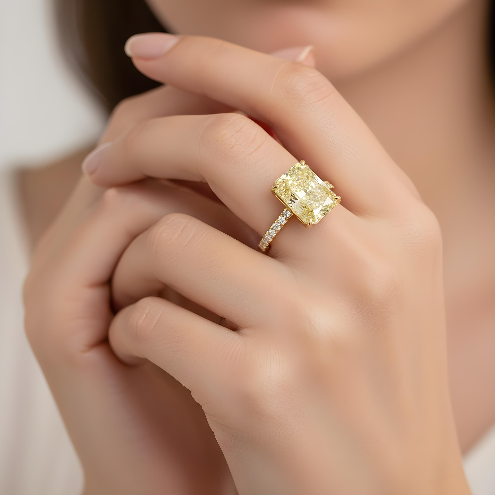 GIA Platinum 6.42ct Radiant Cut Fancy Yellow Diamond Ring 6.82ctw