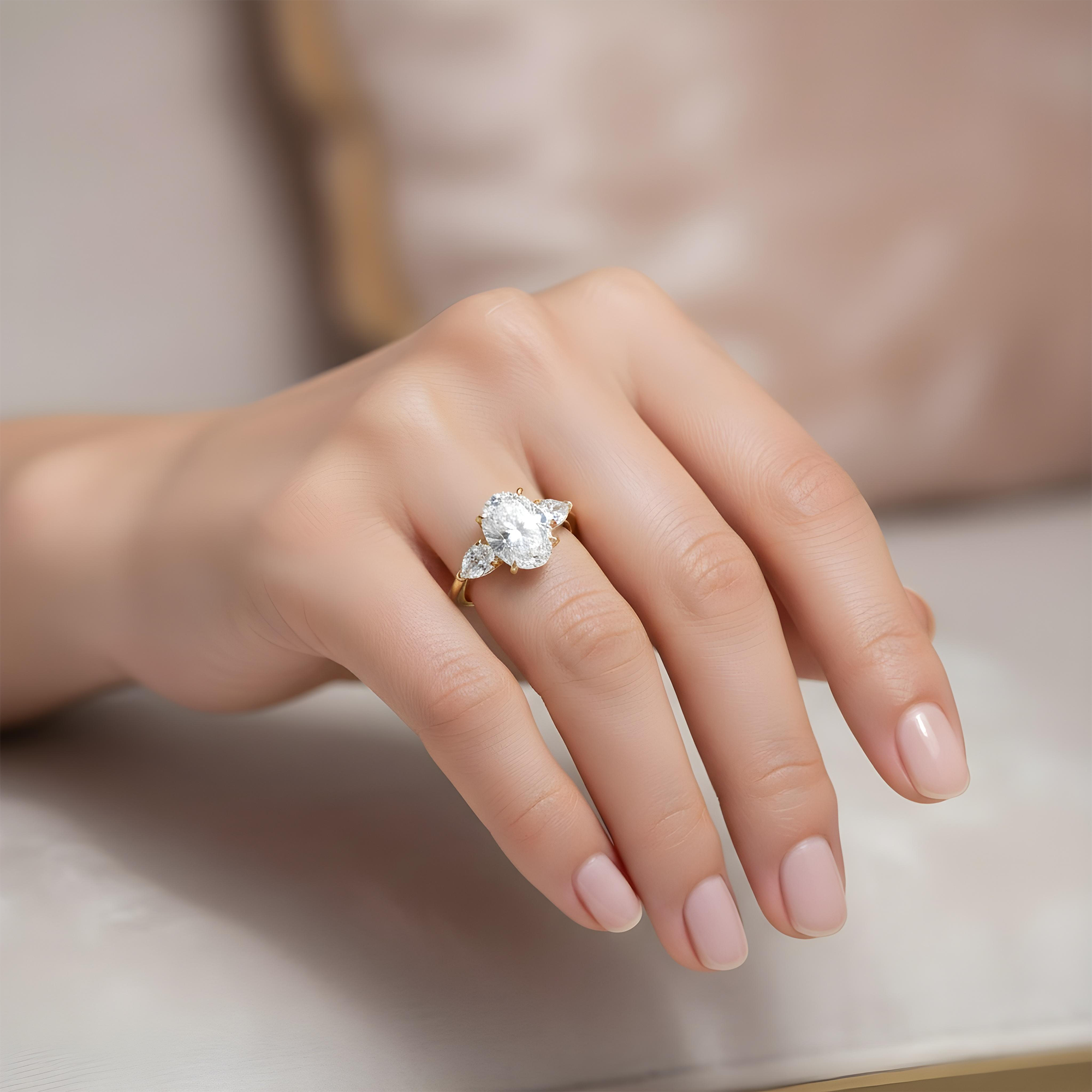 GIA Platinum 5.02ct Oval & Pear Cut Triple Diamond Engagement Ring 6.02ctw