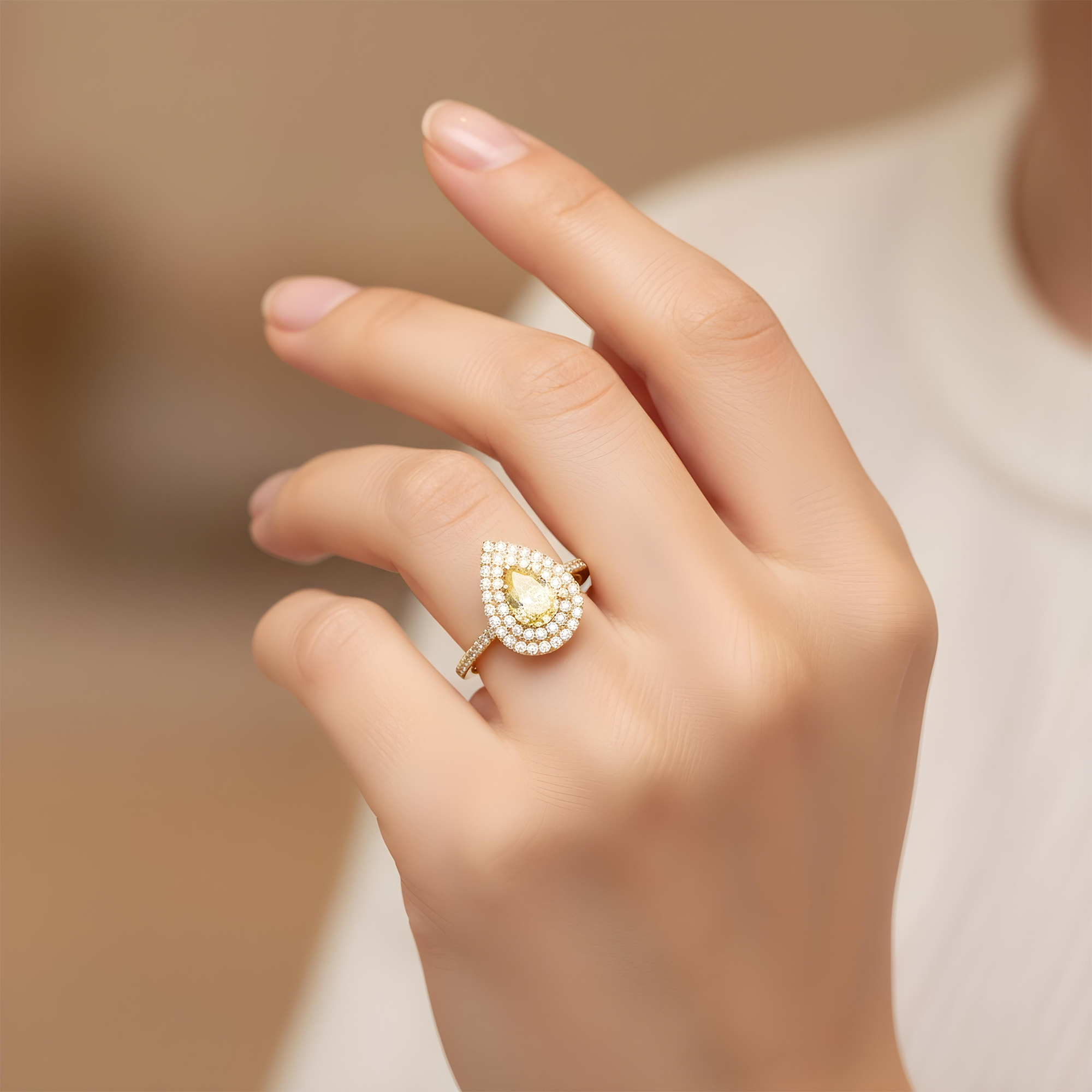 GIA 18K White Gold 1.03ct Pear Cut Fancy Yellow Diamond Ring 1.73ctw