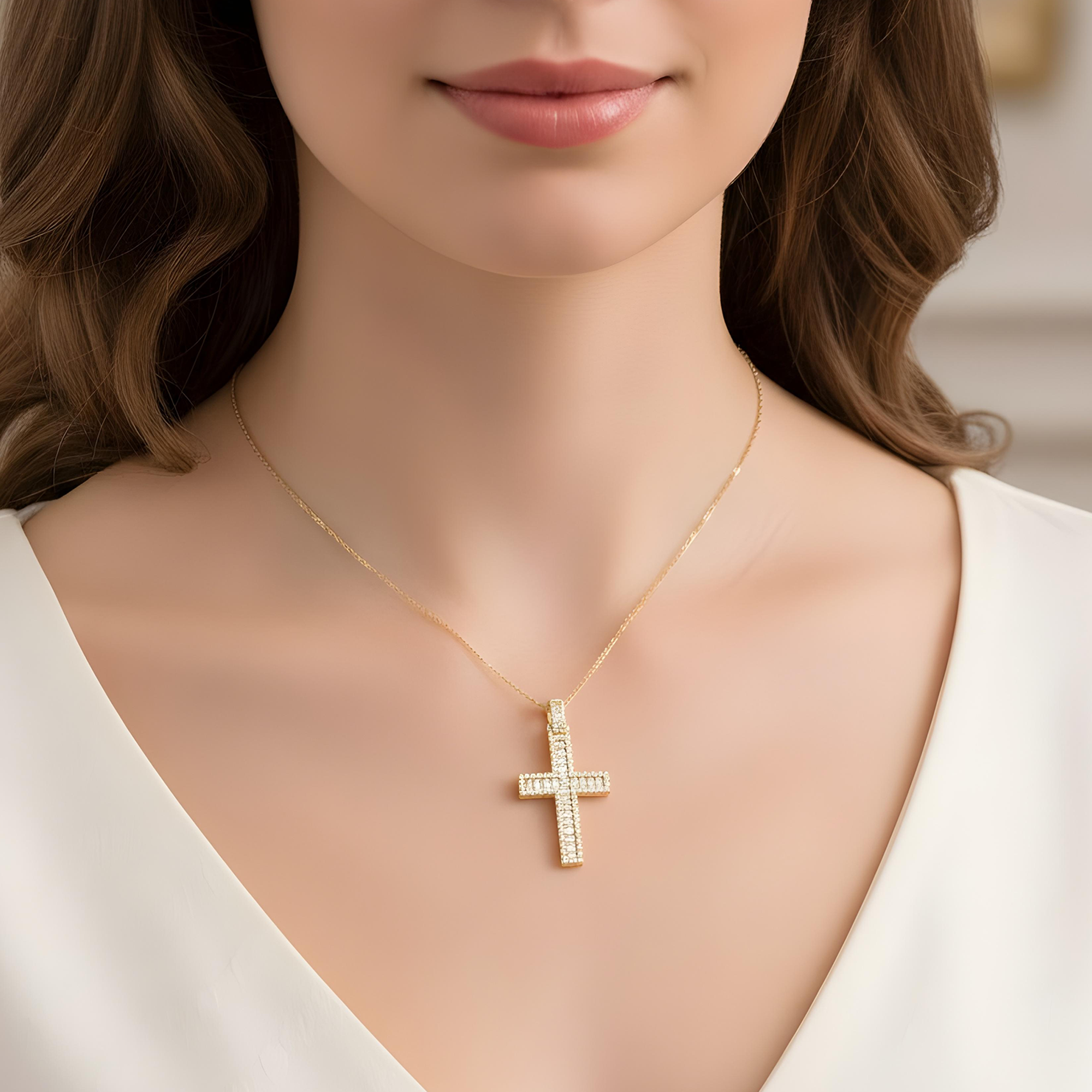 14K White Gold Round & Emerald Diamond Cross Pendant 6.96ct