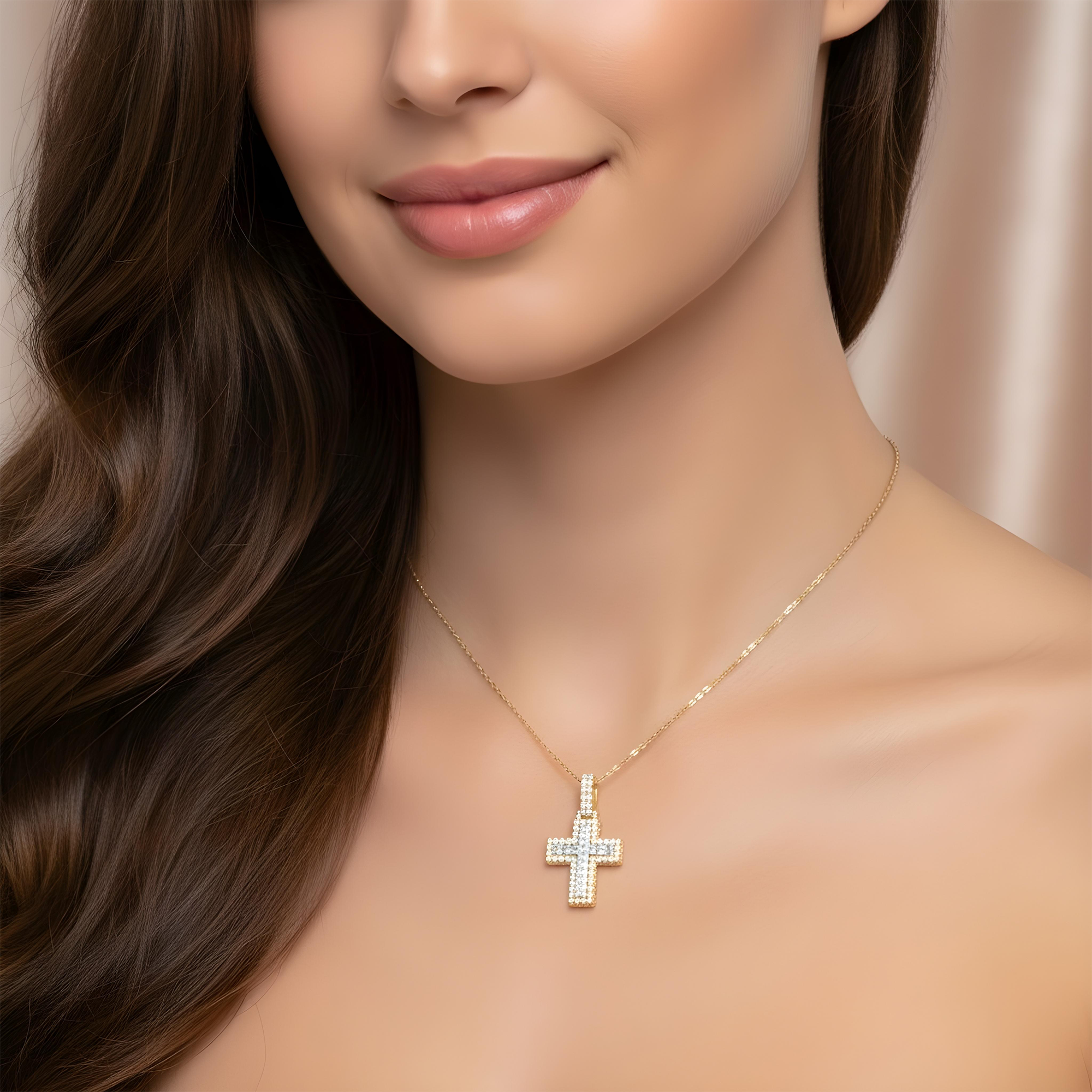 14K Two Tone Round Diamond Bilevel Cross Pendant 6.90ct