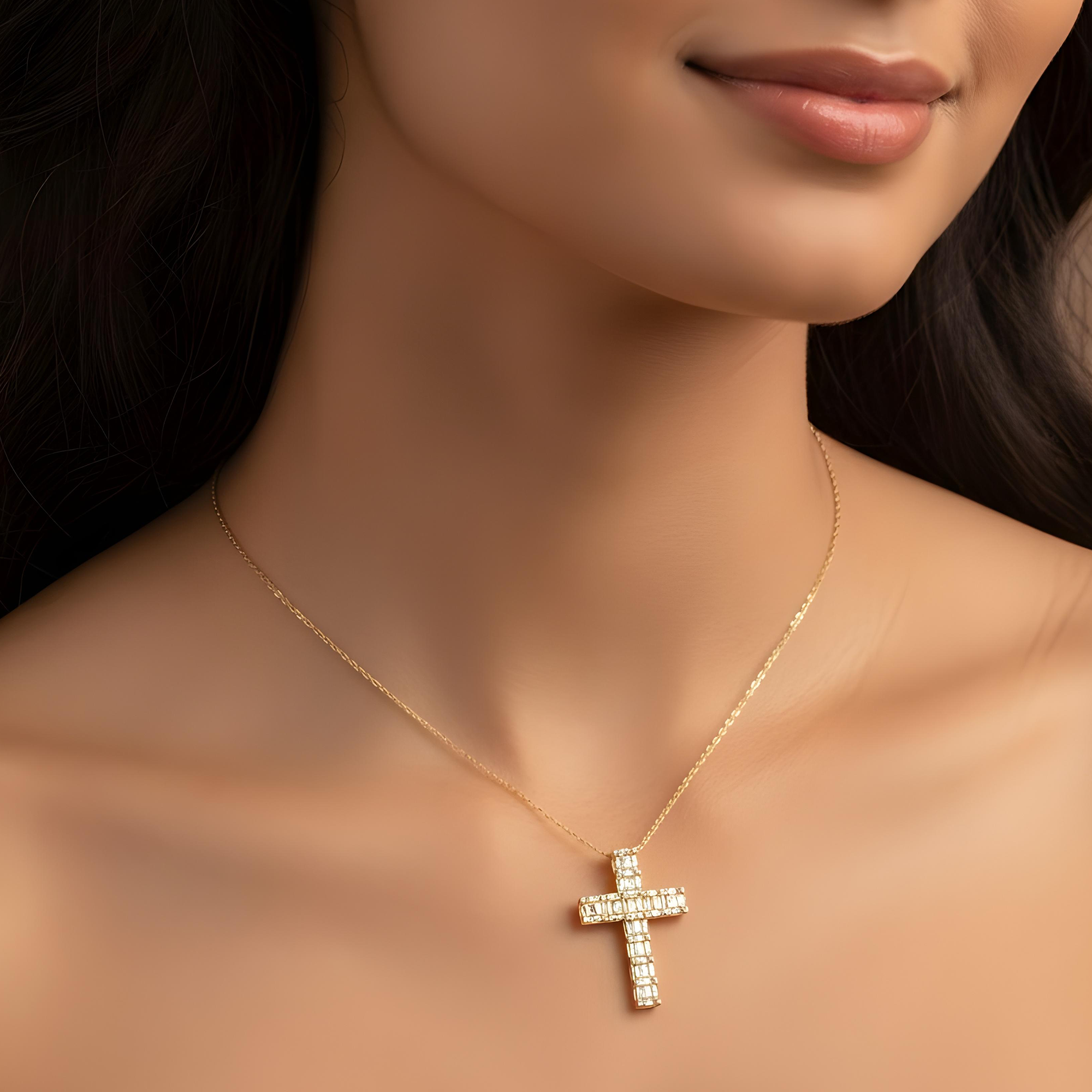 14K Rose Gold Baguette & Round Diamond Cross Pendant 2.30ct