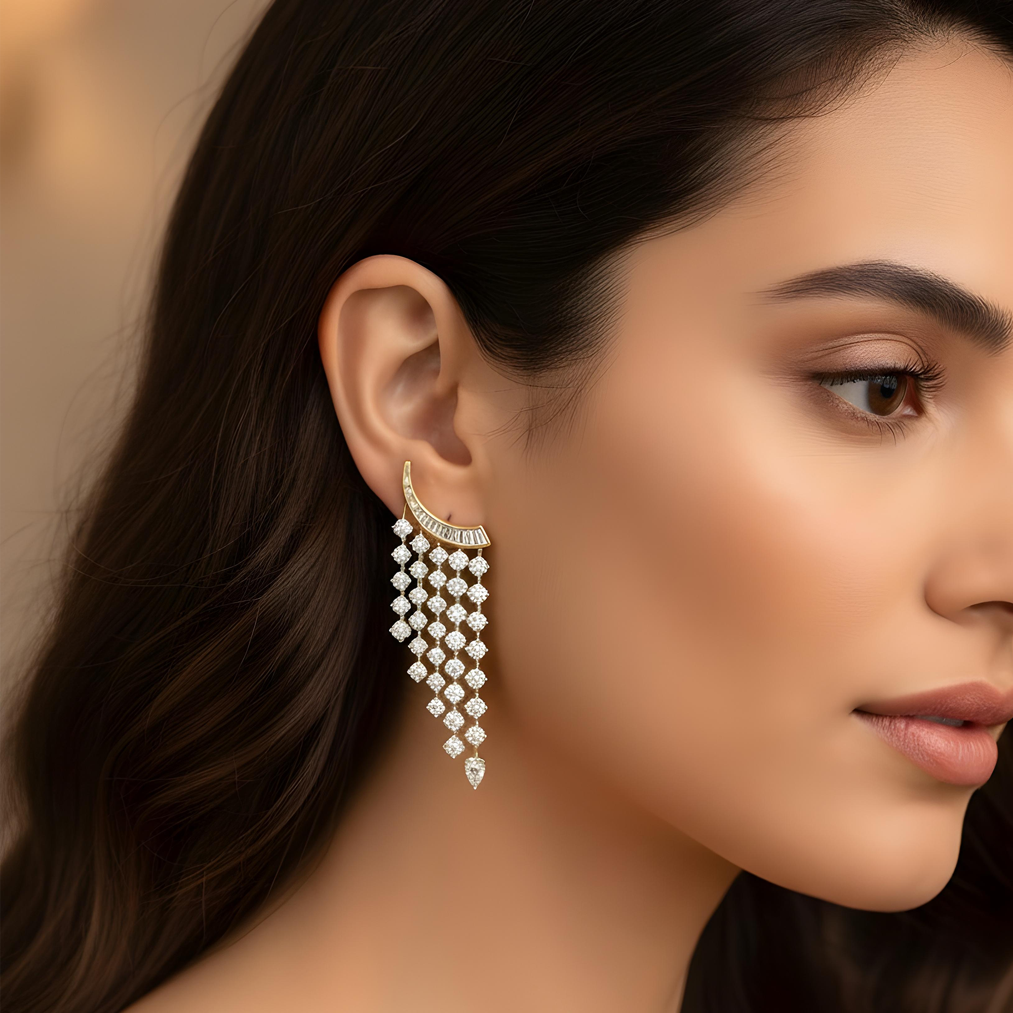 18K White Gold Round Diamond Waterfall Earrings 11.06ctw