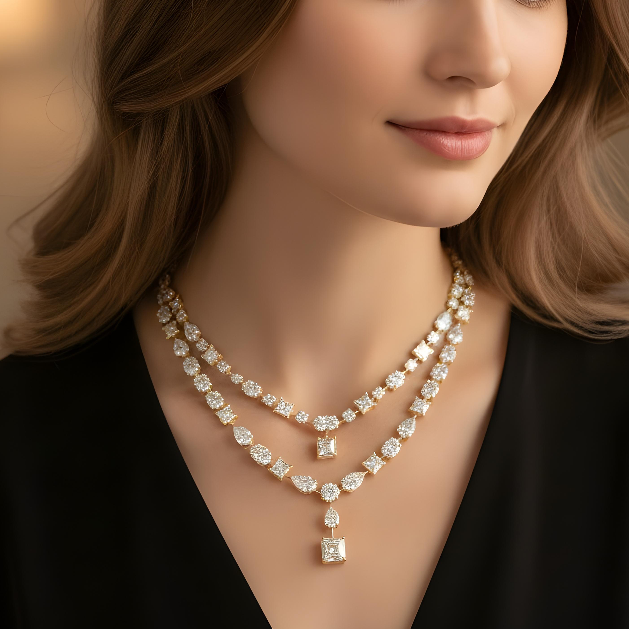 18K White Gold Multi Cut Diamond Double Row Drop Necklace 72.74ct