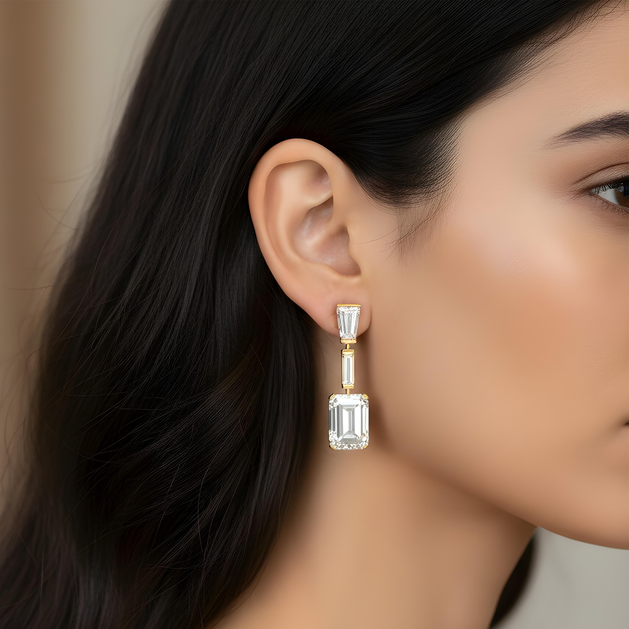 IGI 18K White Gold Triple Tier Emerald Cut Diamond Drop Earrings 19.36ctw