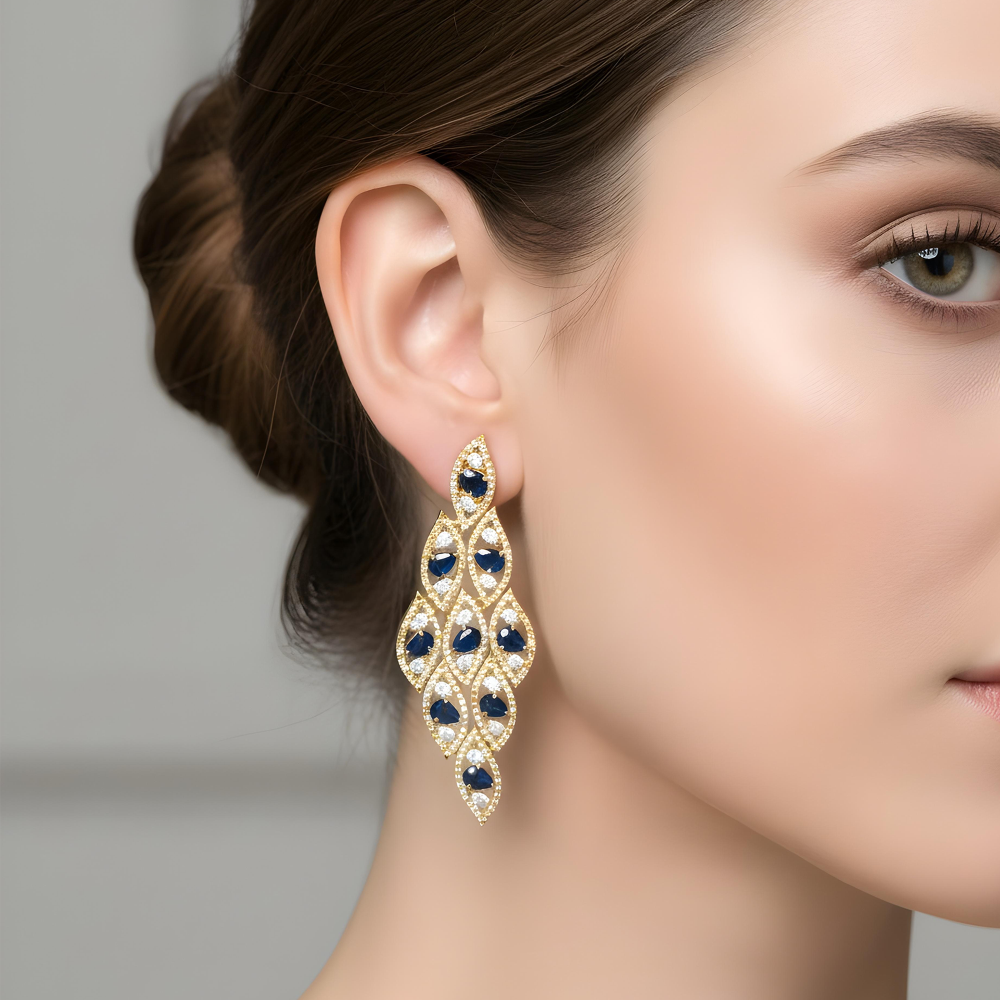 14K White Gold Pear Cut Sapphire & diamond Drop Earrings