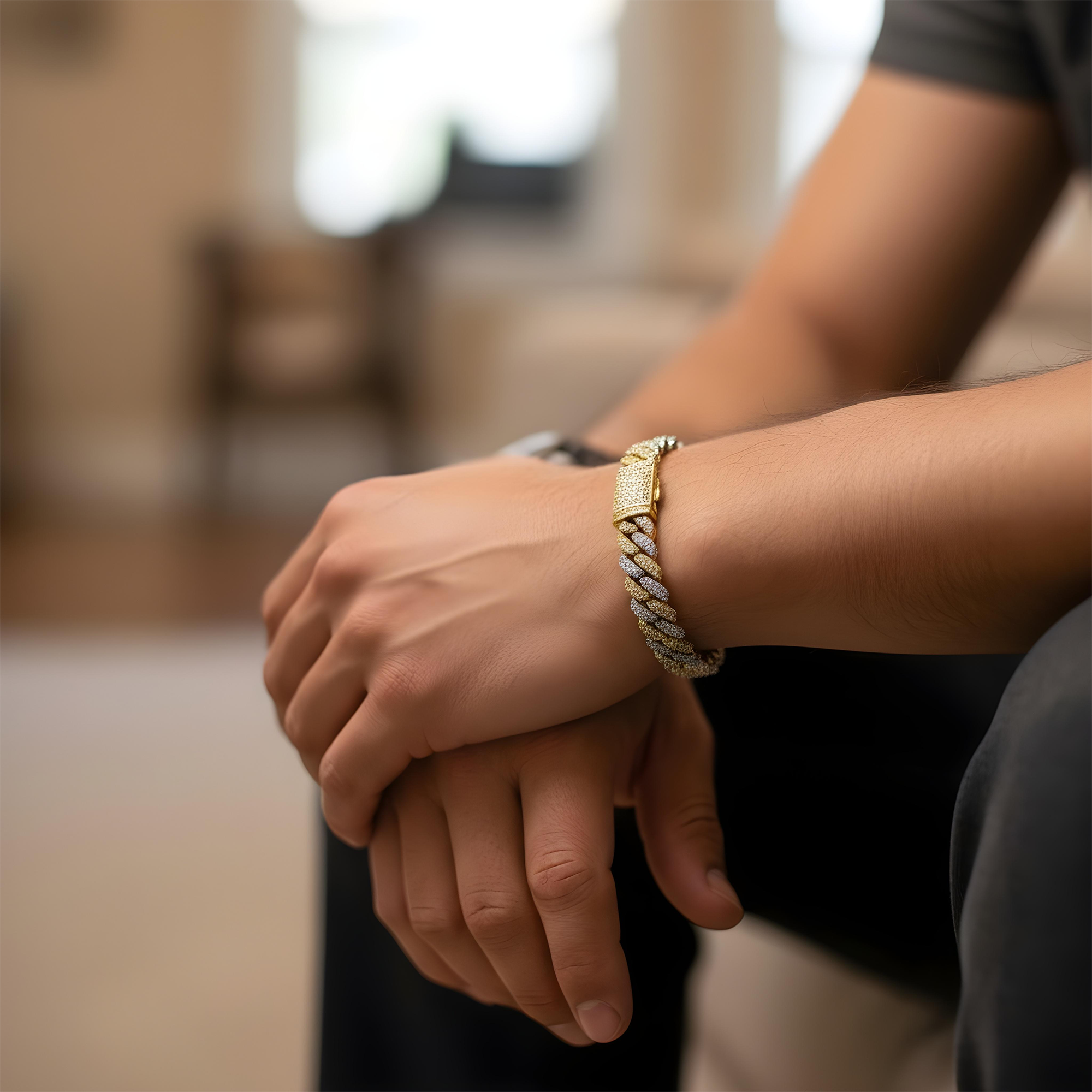 14K Two Tone 10mm Round Diamond Cuban Link Bracelet 7.0ct