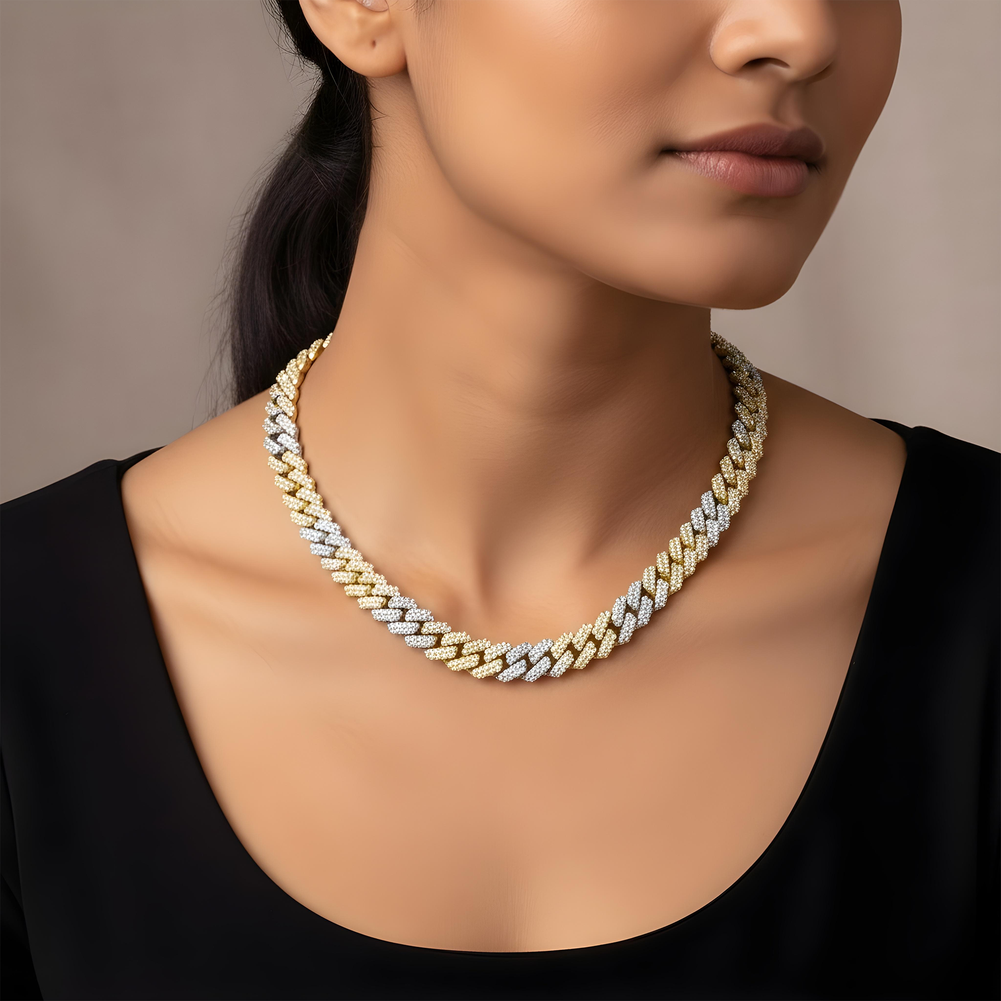 14K Two Tone 11mm Round Diamond Cuban Link Chain 22.0ct