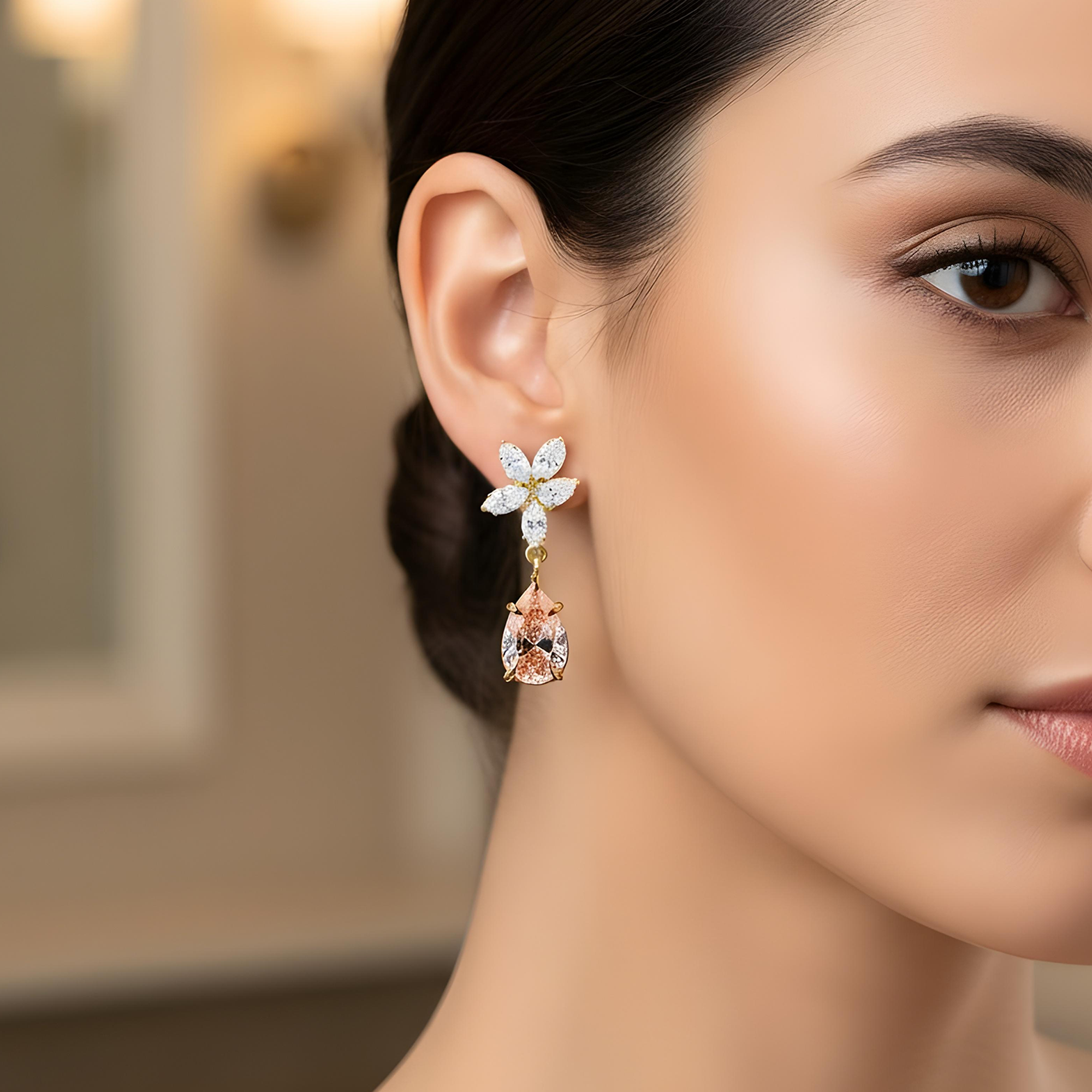 18K White Gold Pear Cut Pink Vivid Diamond Mini Flower Drop Earrings 4.17ctw