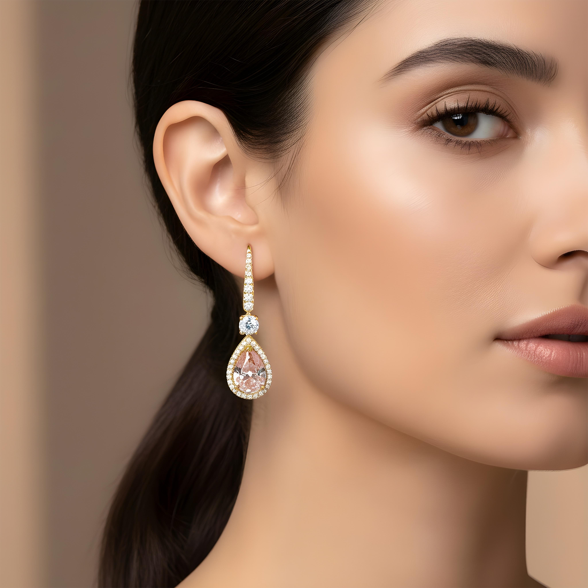 18K Two Tone Pear Cut Pink Vivid Diamond Drop Earrings 5.47ctw
