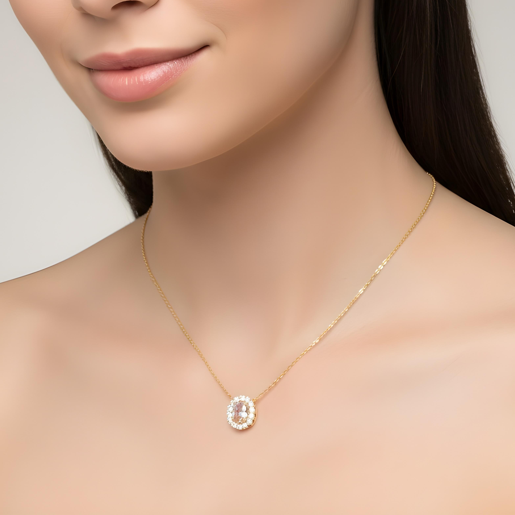 18K White Gold Oval Cut Fancy Pink Diamond Necklace 1.38ct
