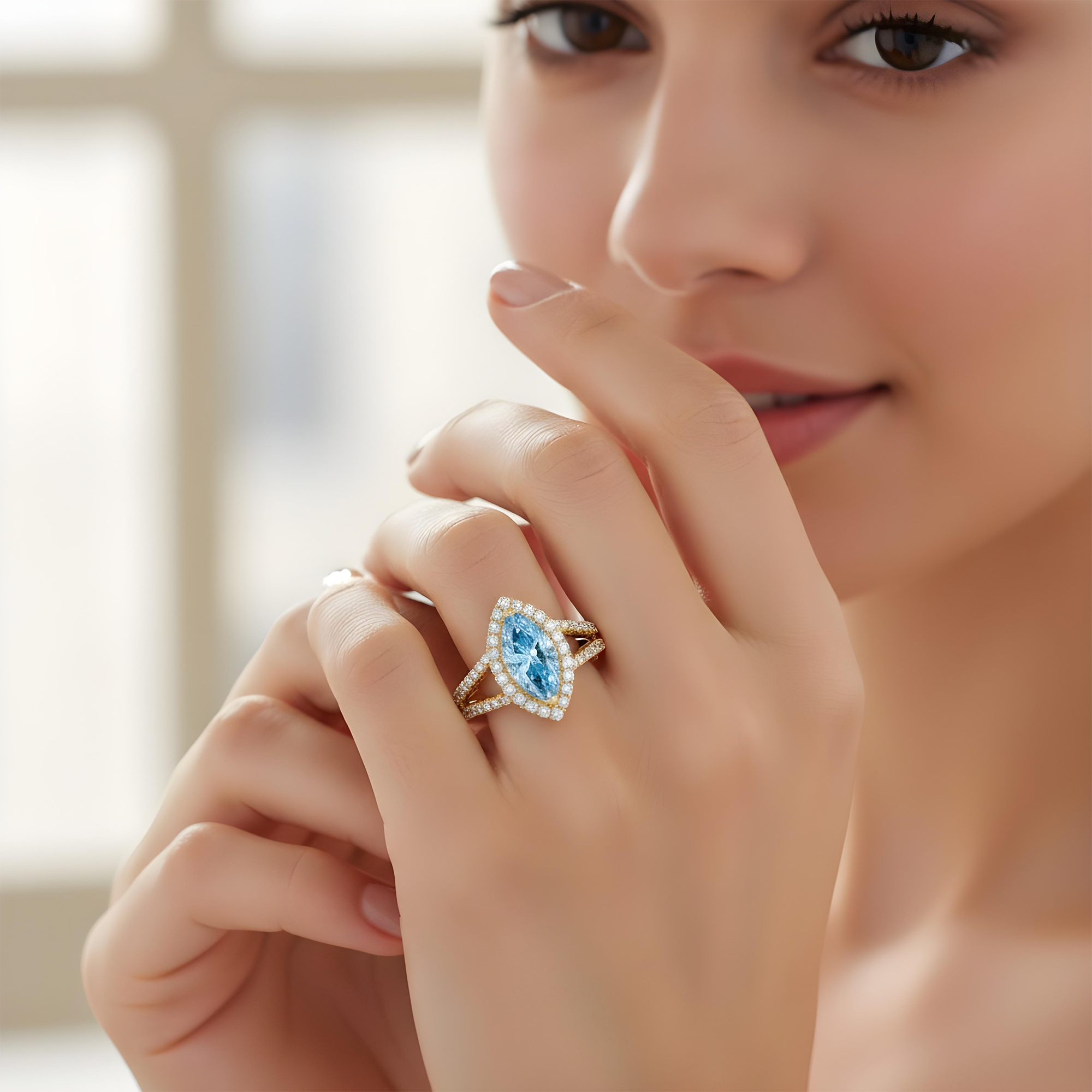 18K White Gold 1.46ct Marquise Cut Fancy Vivid Blue Diamond Ring 1.99ctw
