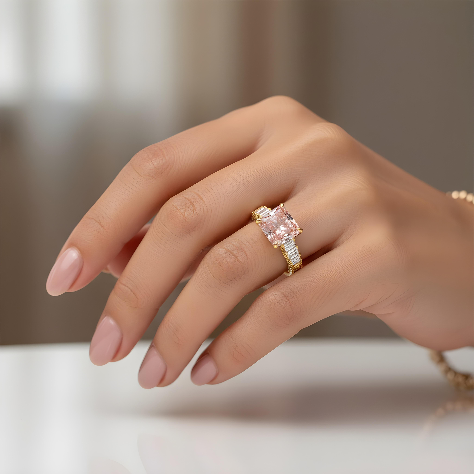 18K White Gold 5.06ct Princess Cut Fancy Vivid Pink Diamond Ring 7.36ctw
